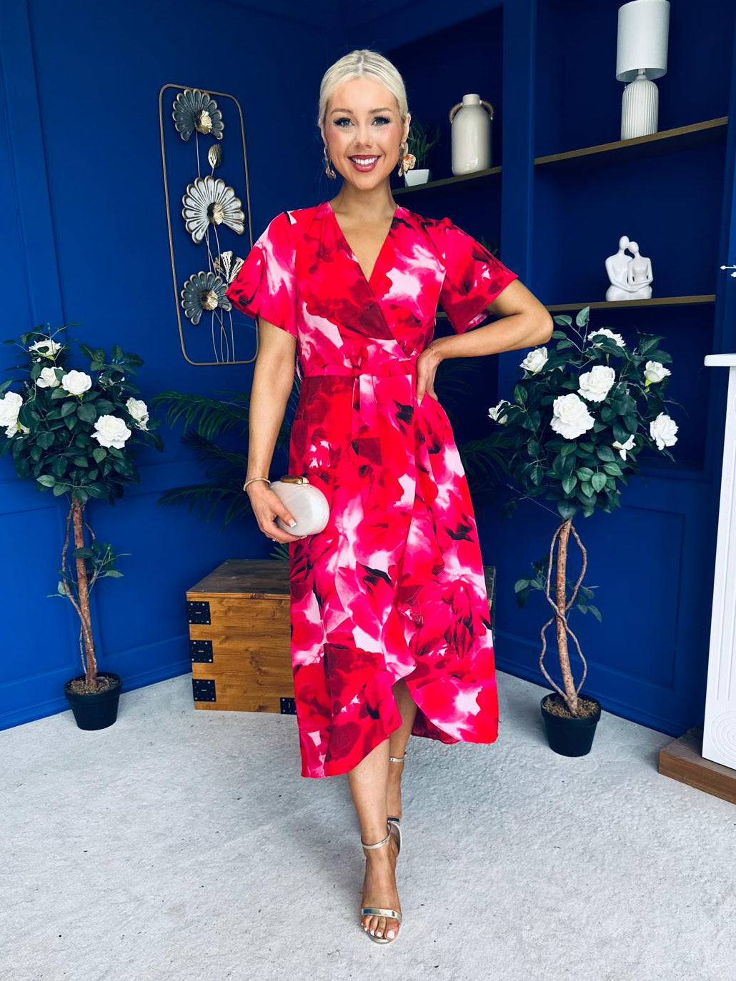 Farrah Floral Frill Detail Midi Dress Ruby Pink