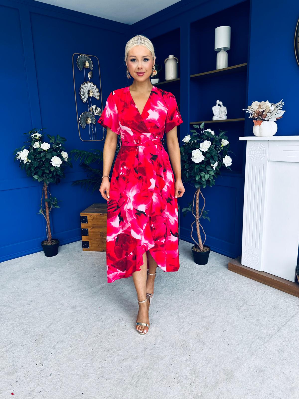 Farrah Floral Frill Detail Midi Dress Ruby Pink