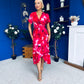Farrah Floral Frill Detail Midi Dress Ruby Pink