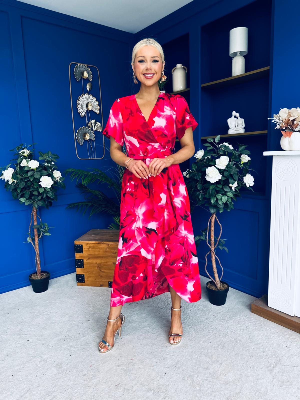Farrah Floral Frill Detail Midi Dress Ruby Pink
