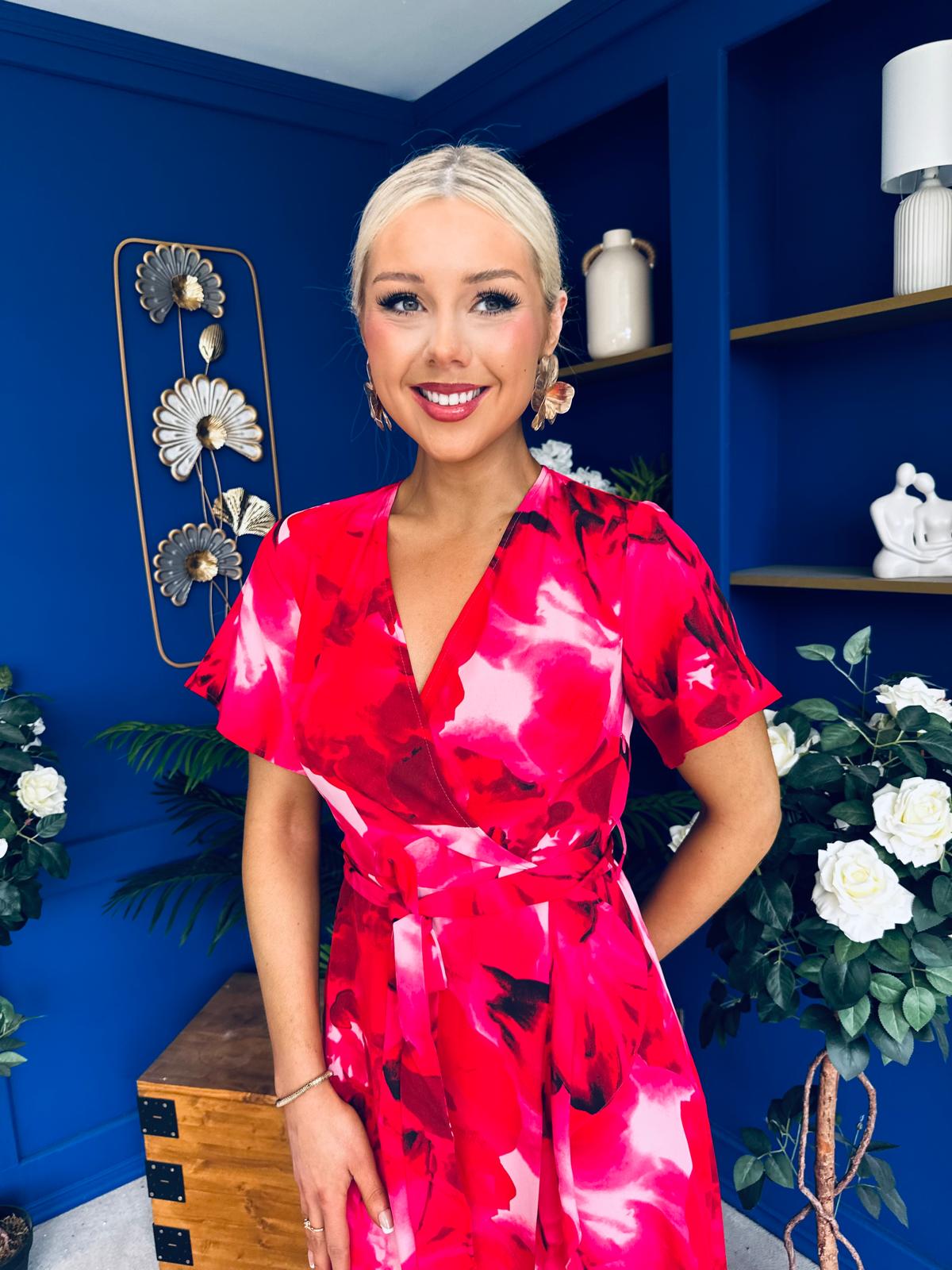 Farrah Floral Frill Detail Midi Dress Ruby Pink