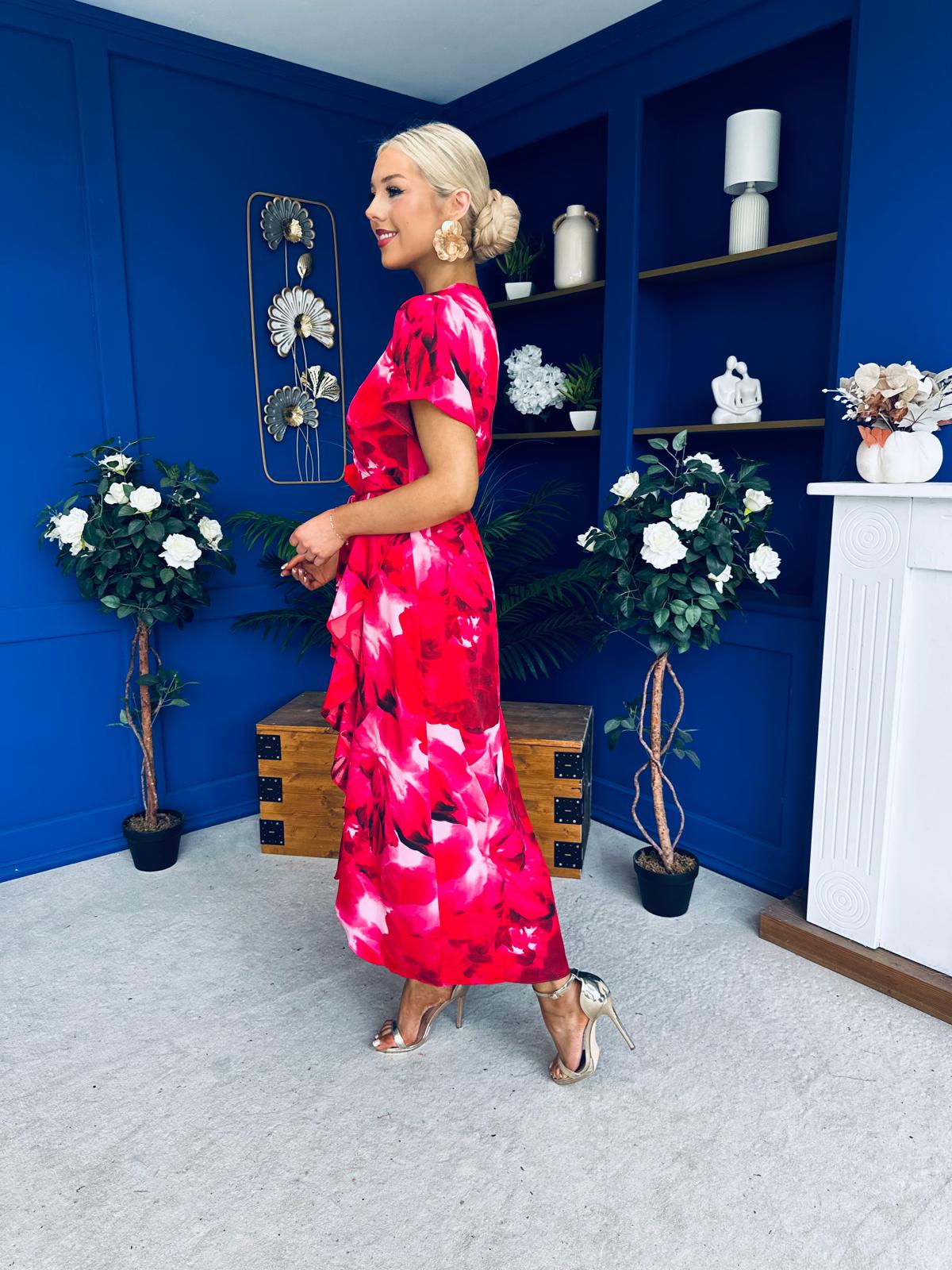 Farrah Floral Frill Detail Midi Dress Ruby Pink
