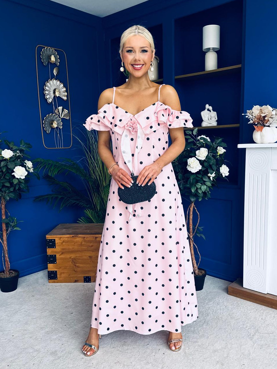 Yvette Frill Detail Midi Dress Polka Pink