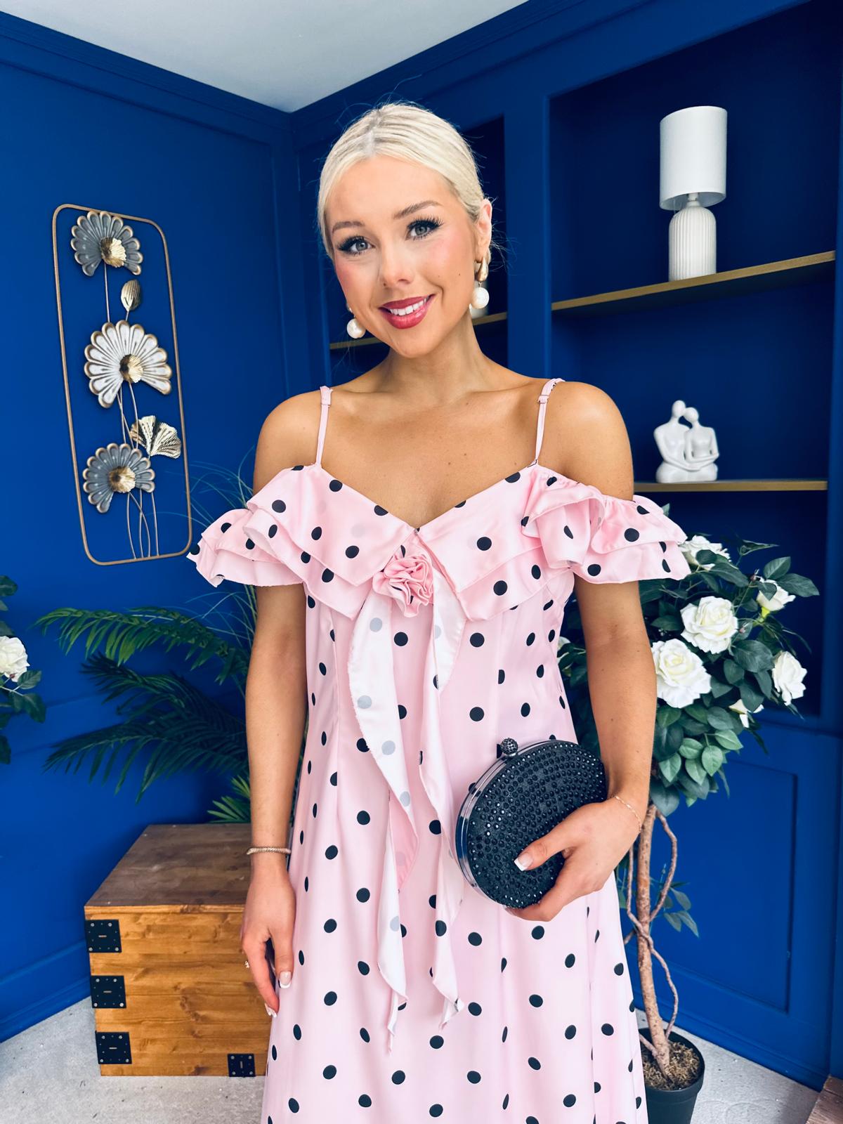 Yvette Frill Detail Midi Dress Polka Pink