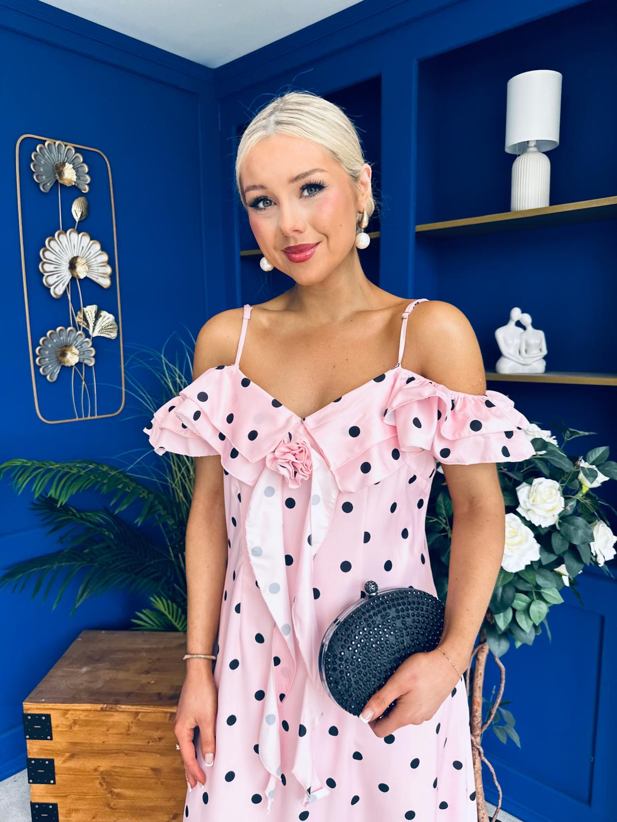 Yvette Frill Detail Midi Dress Polka Pink