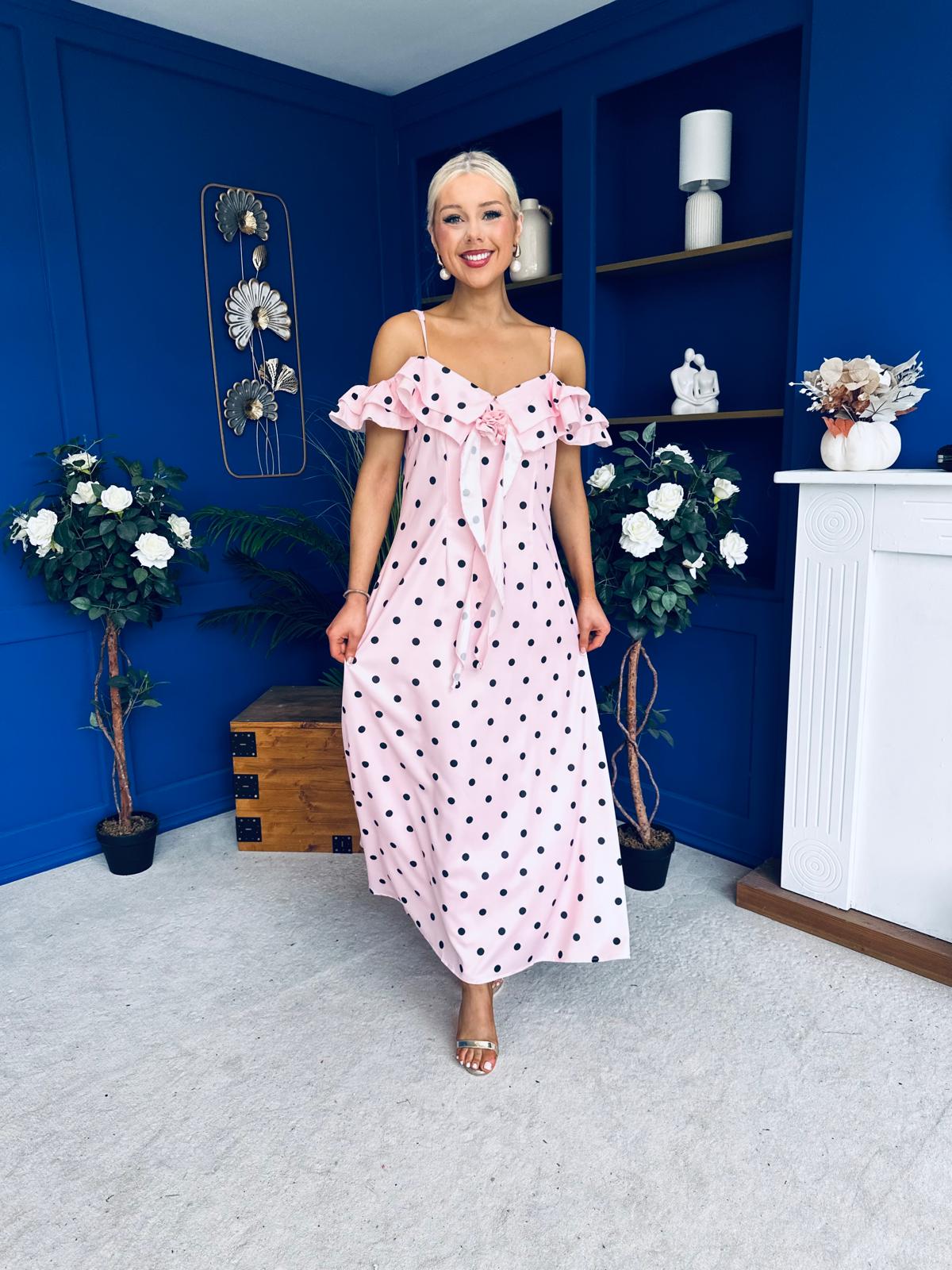 Yvette Frill Detail Midi Dress Polka Pink