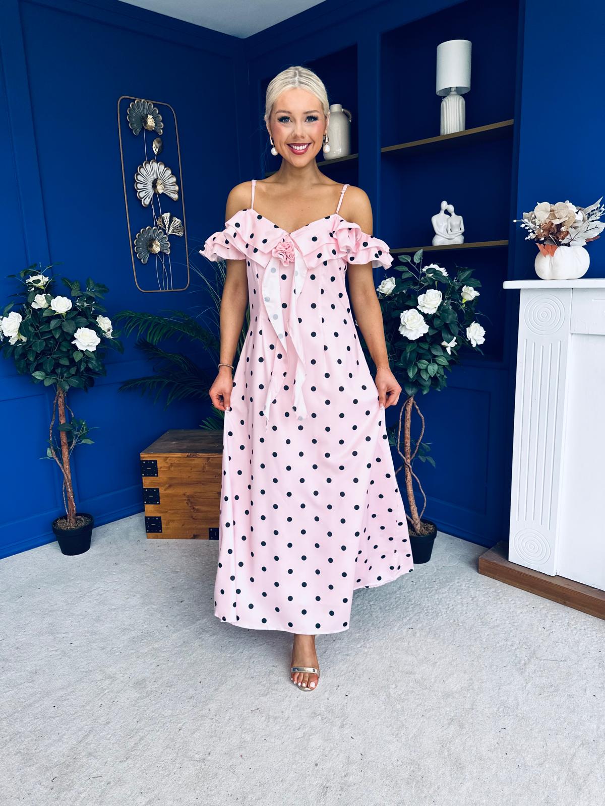 Yvette Frill Detail Midi Dress Polka Pink