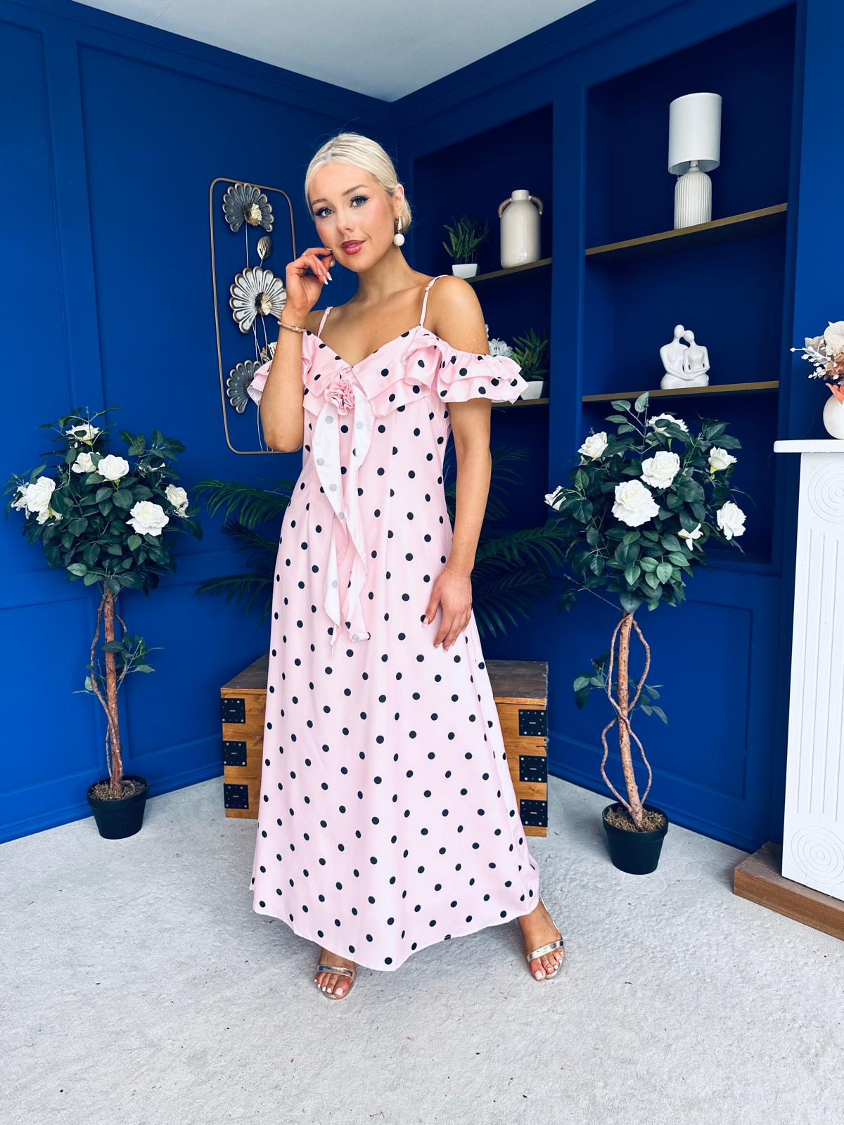 Yvette Frill Detail Midi Dress Polka Pink
