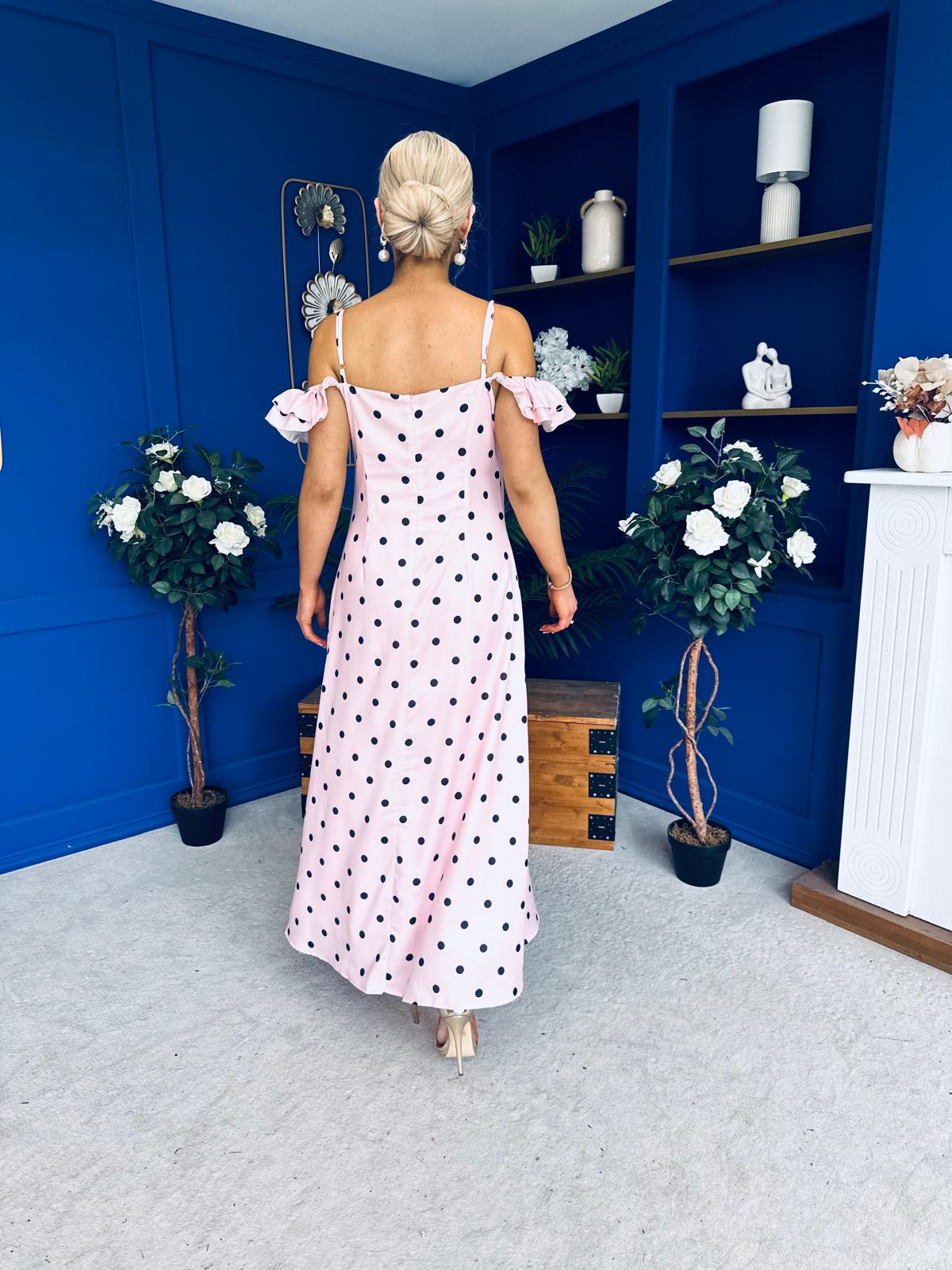 Yvette Frill Detail Midi Dress Polka Pink