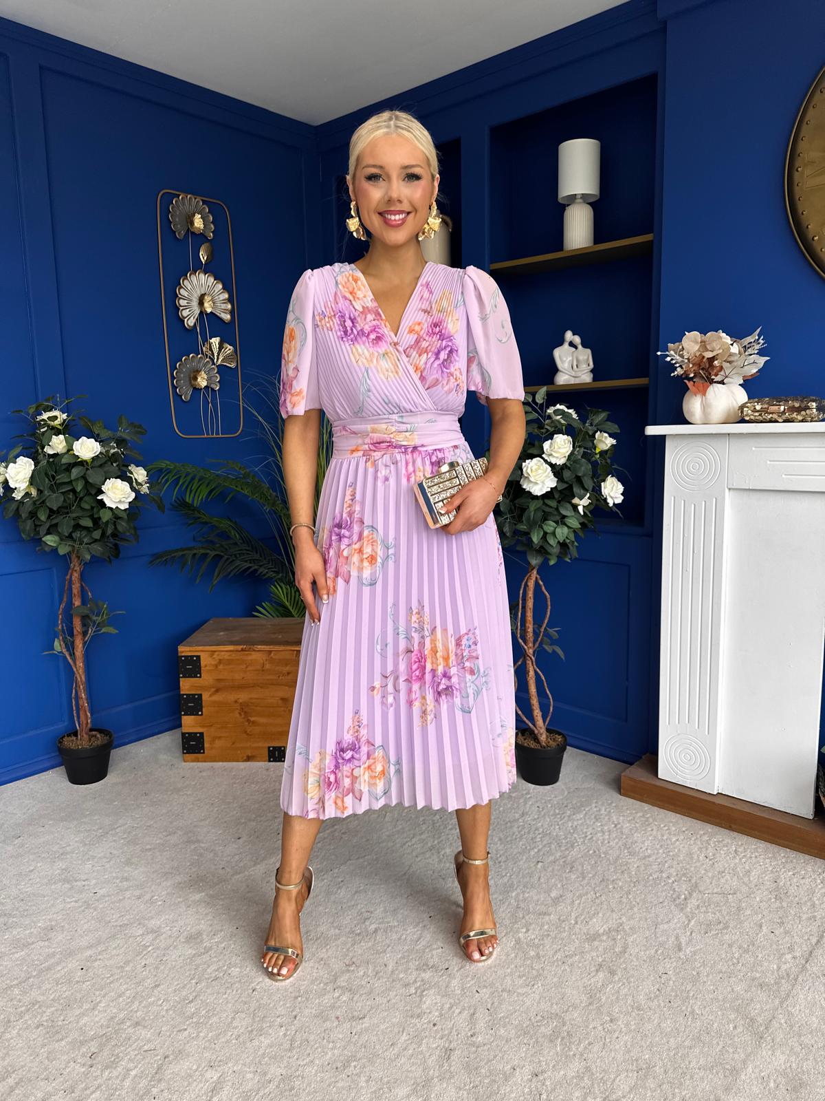 Eina Pleated Midi Dress Floral Lavender