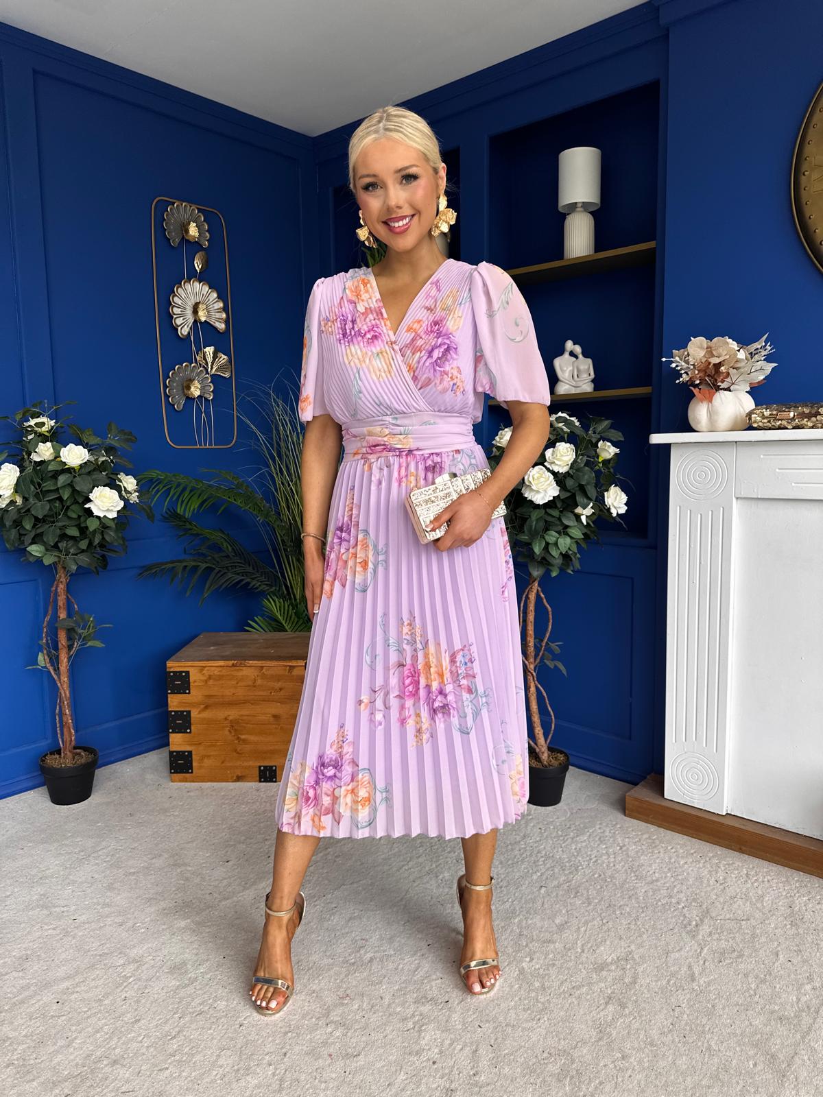 Eina Pleated Midi Dress Floral Lavender