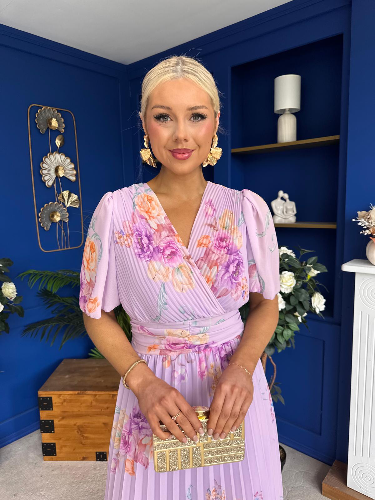 Eina Pleated Midi Dress Floral Lavender