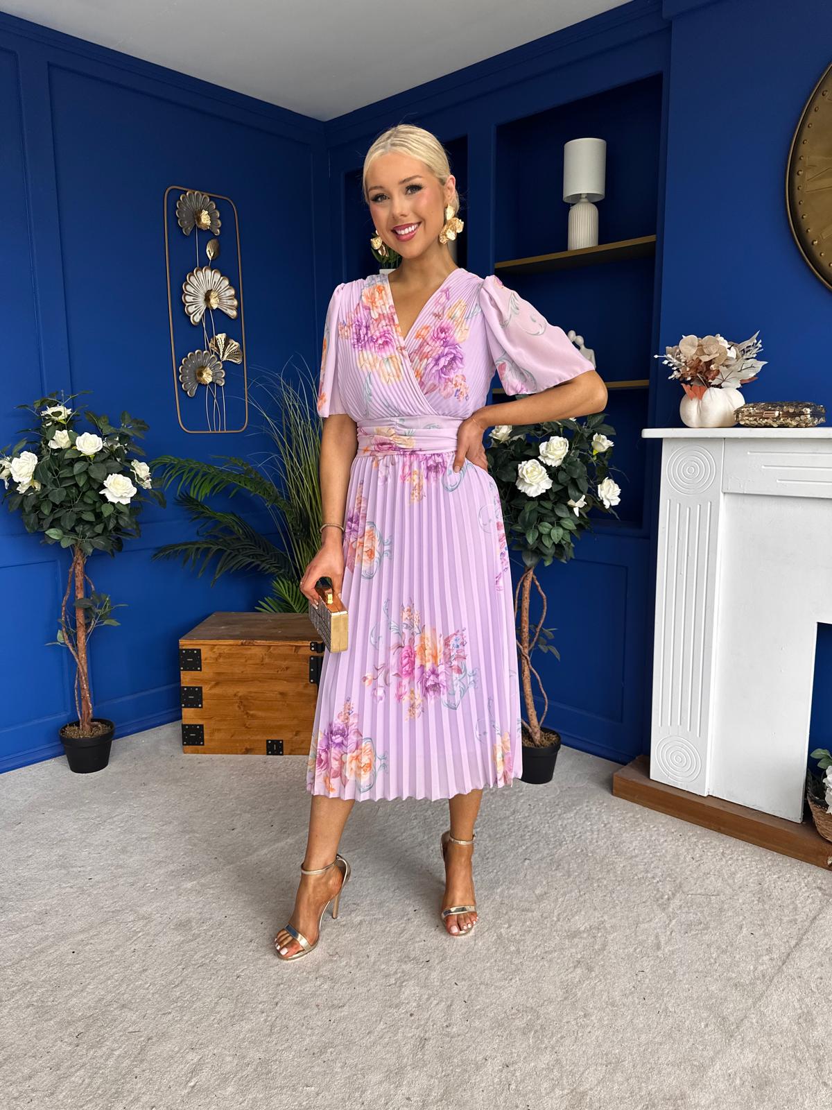Eina Pleated Midi Dress Floral Lavender