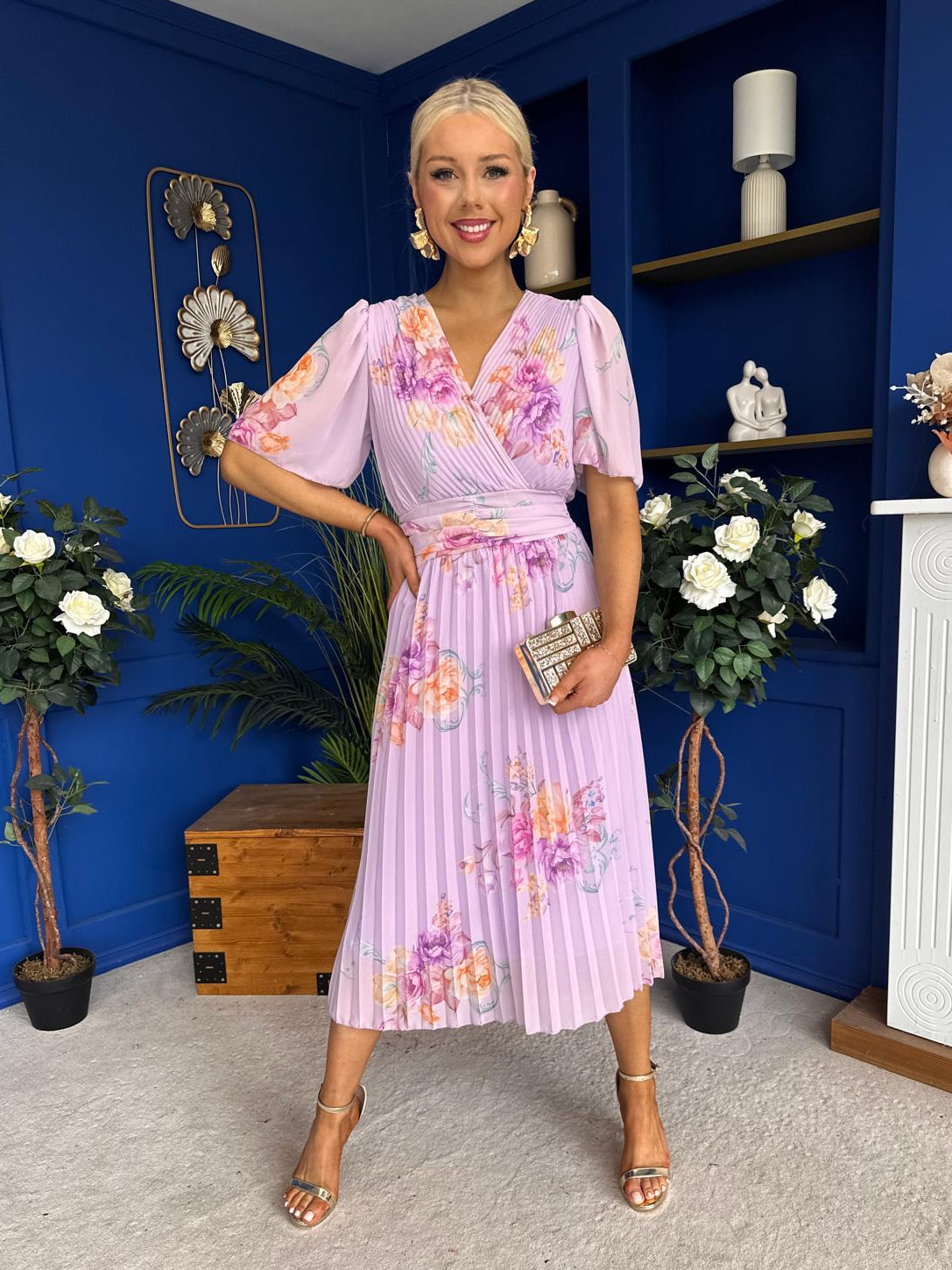 Eina Pleated Midi Dress Floral Lavender