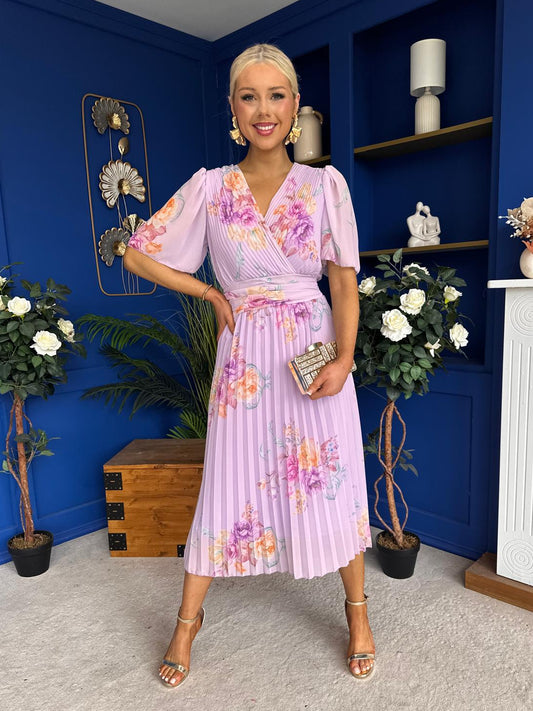 Eina Pleated Midi Dress Floral Lavender
