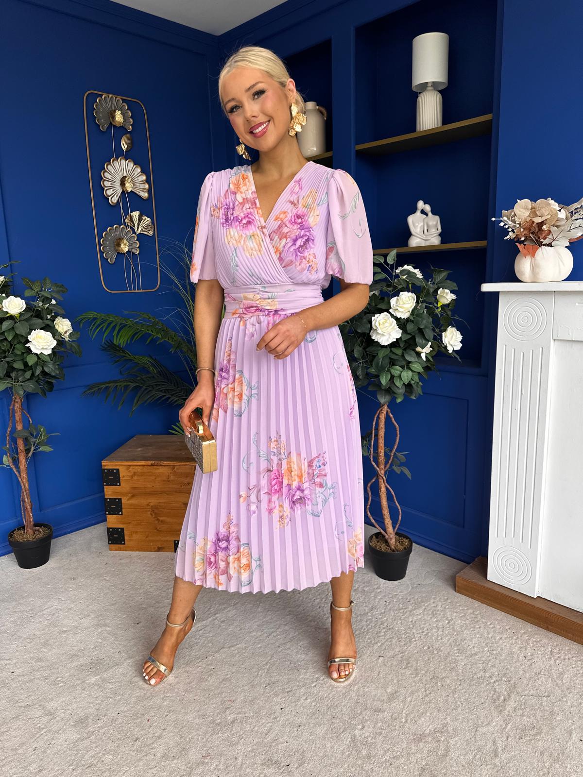 Eina Pleated Midi Dress Floral Lavender