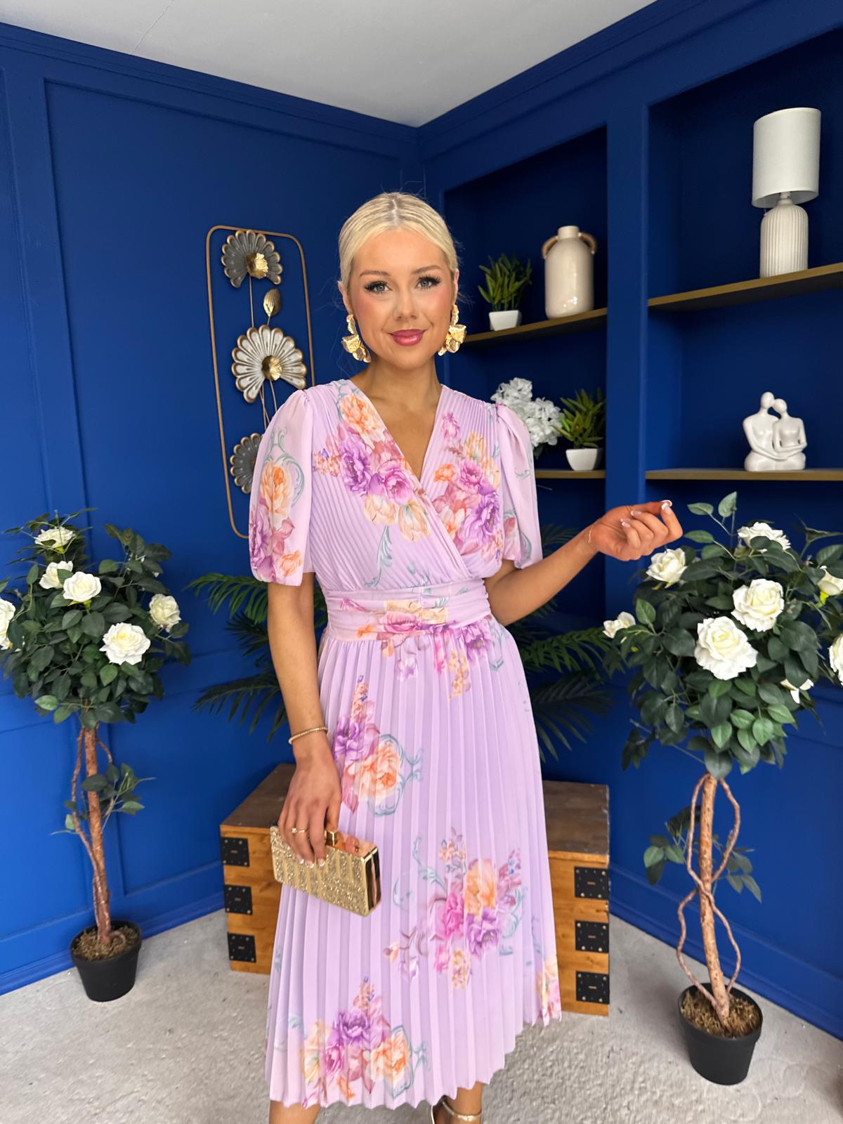Eina Pleated Midi Dress Floral Lavender – Canella Lane