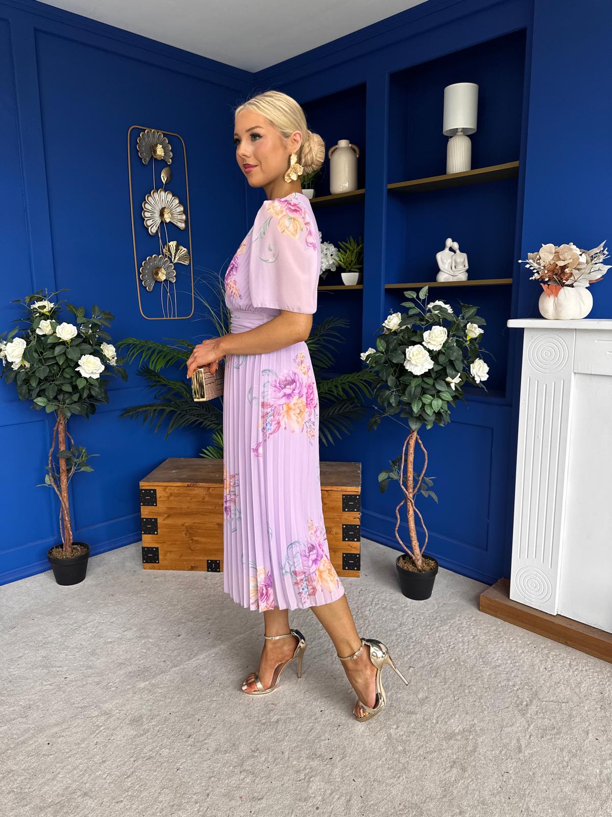 Eina Pleated Midi Dress Floral Lavender