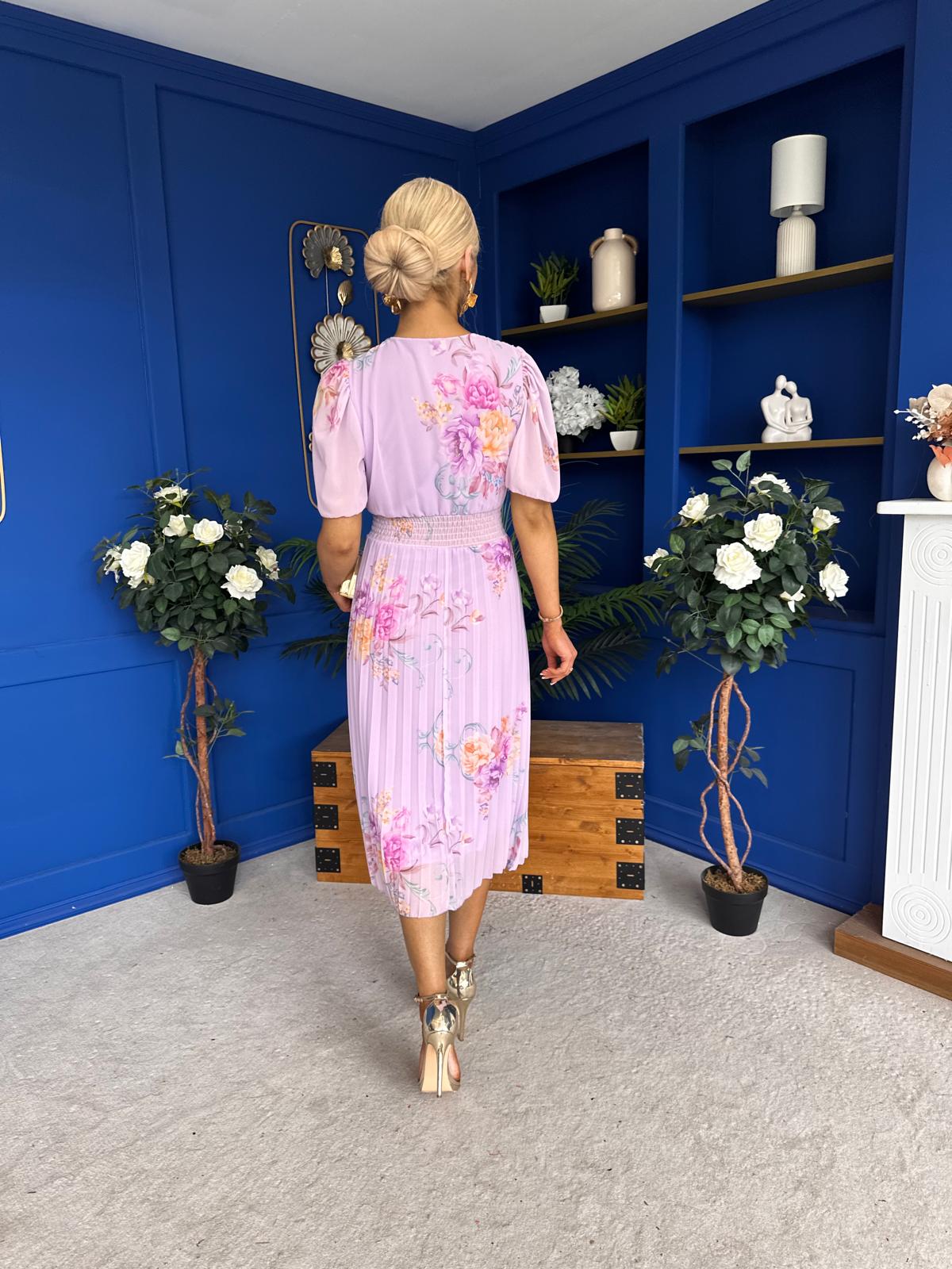 Eina Pleated Midi Dress Floral Lavender