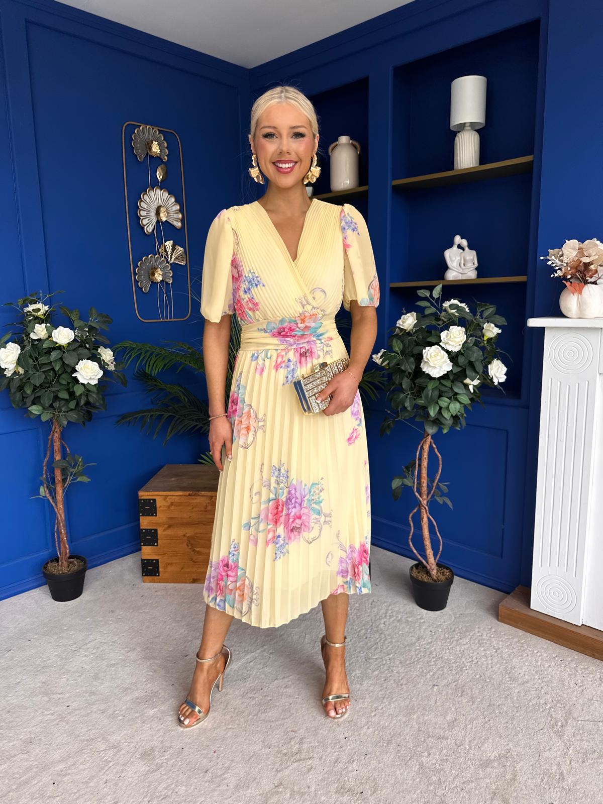 Eina Pleated Midi Dress Floral Yellow