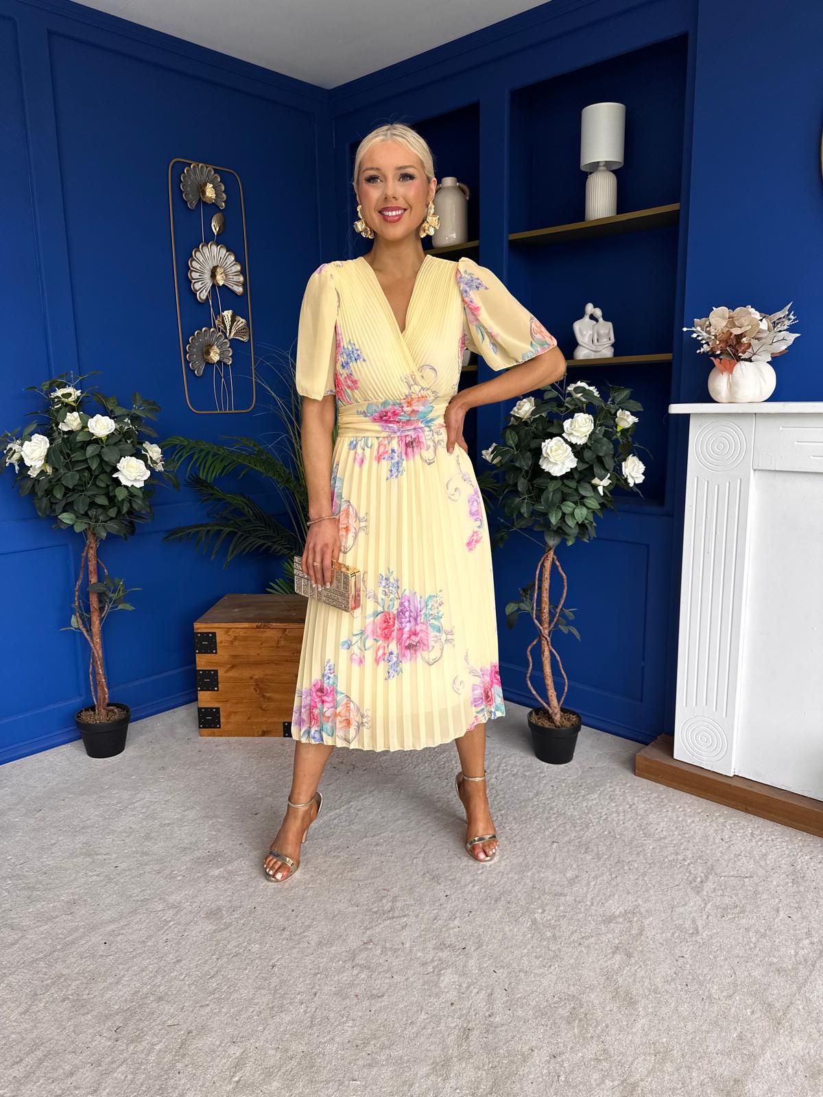 Eina Pleated Midi Dress Floral Yellow