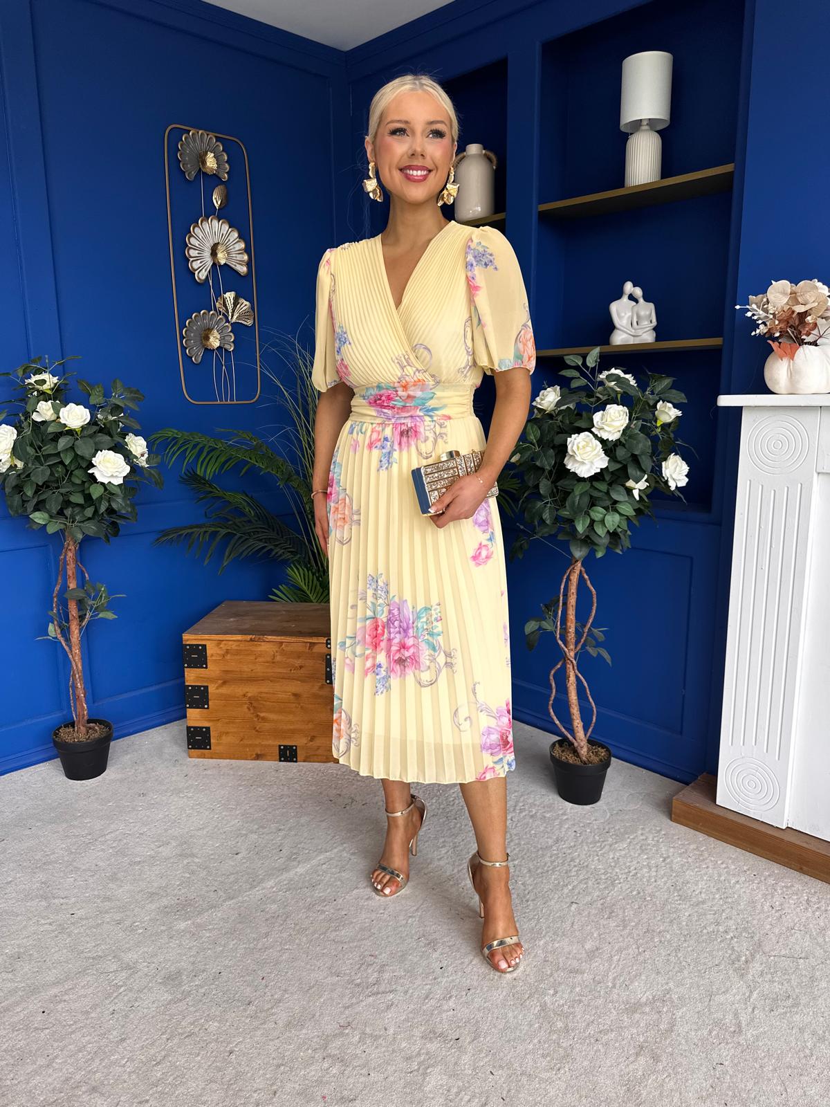 Eina Pleated Midi Dress Floral Yellow