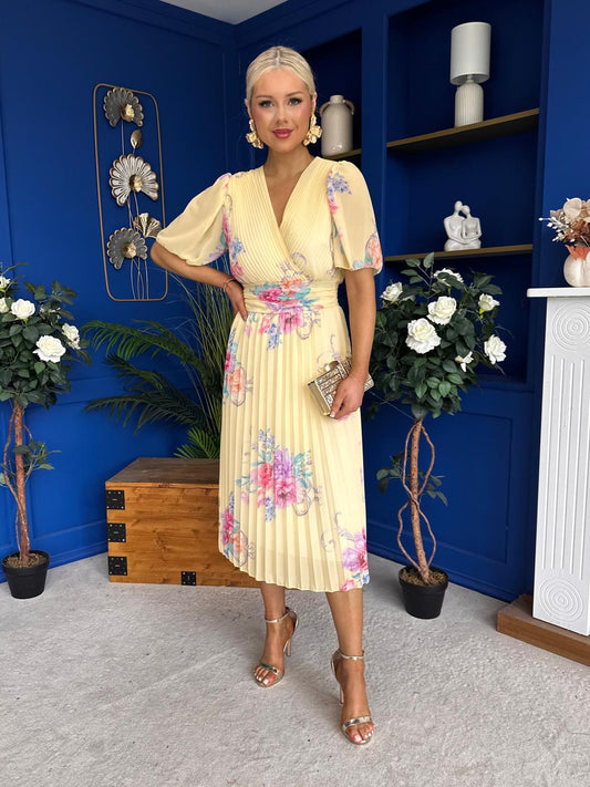 Eina Pleated Midi Dress Floral Yellow