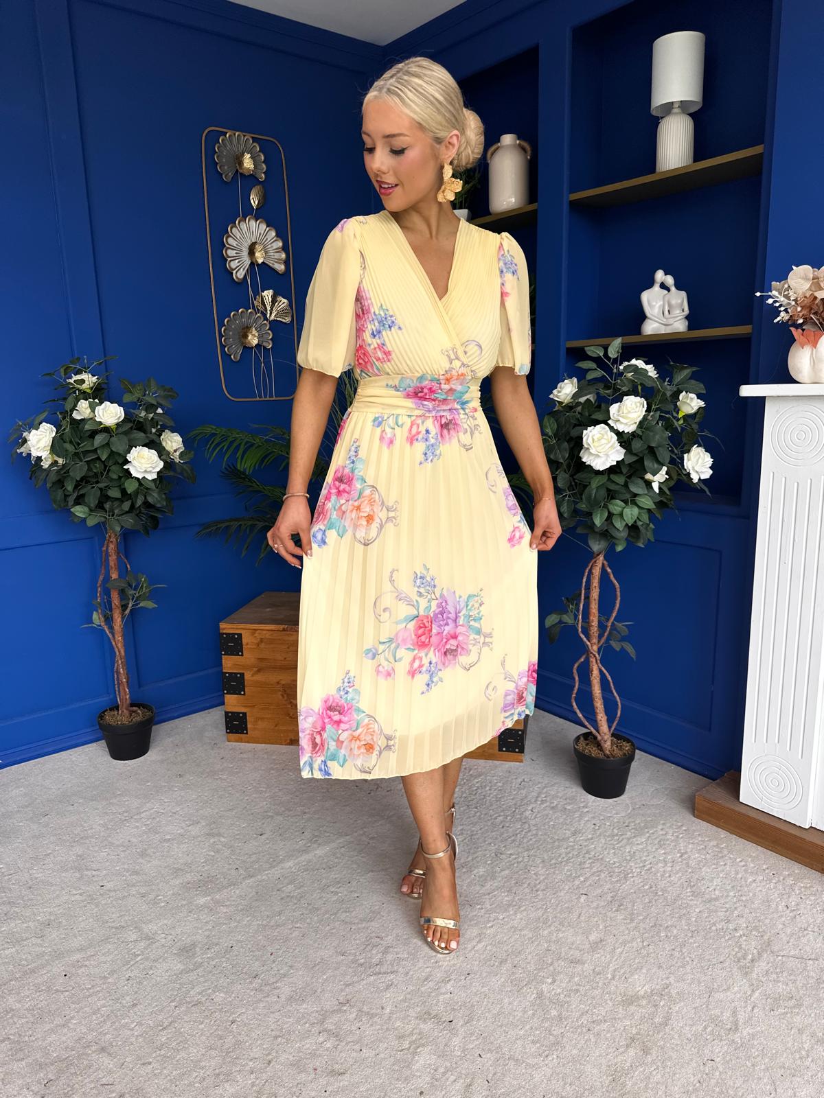 Eina Pleated Midi Dress Floral Yellow