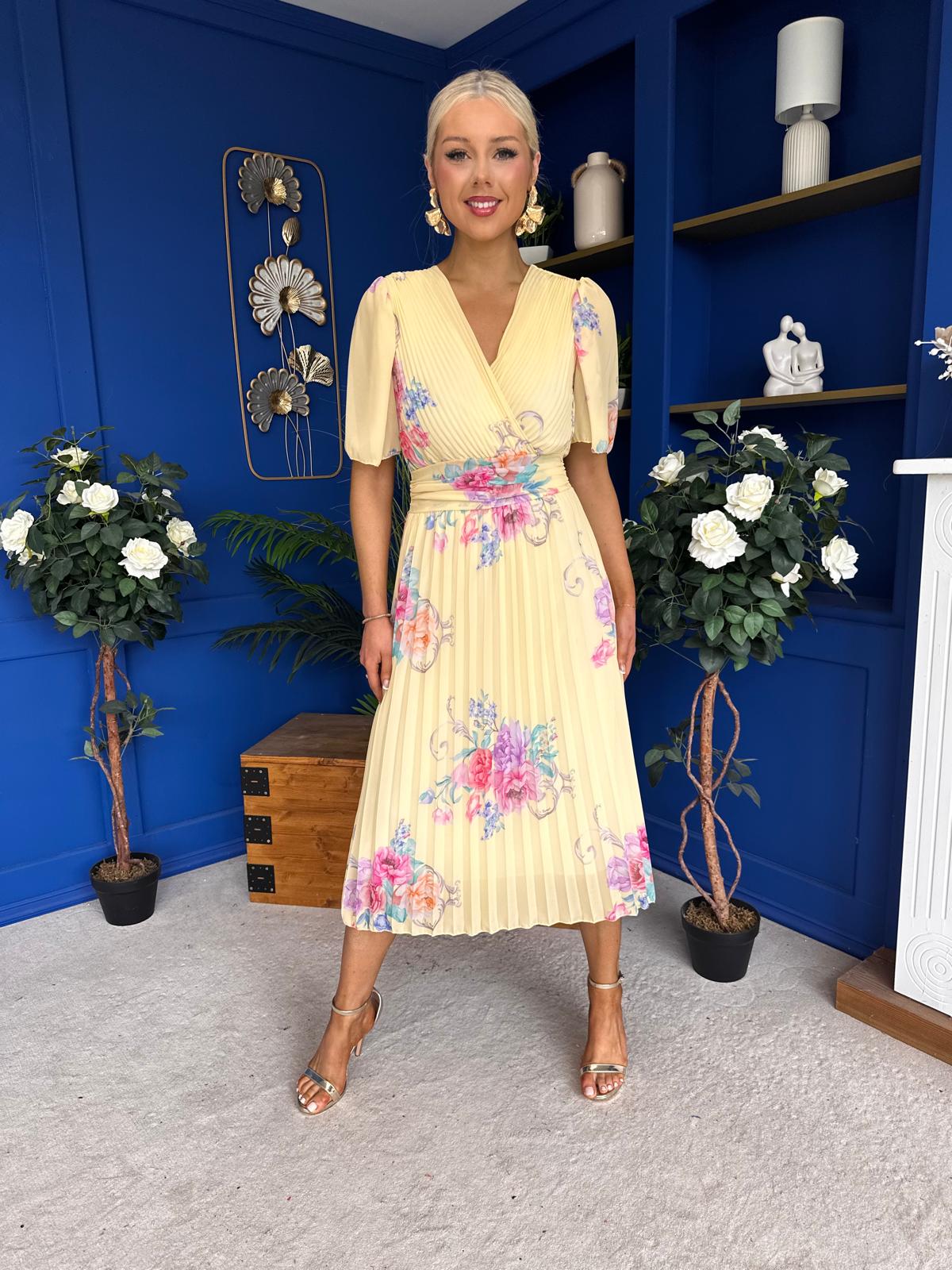 Eina Pleated Midi Dress Floral Yellow