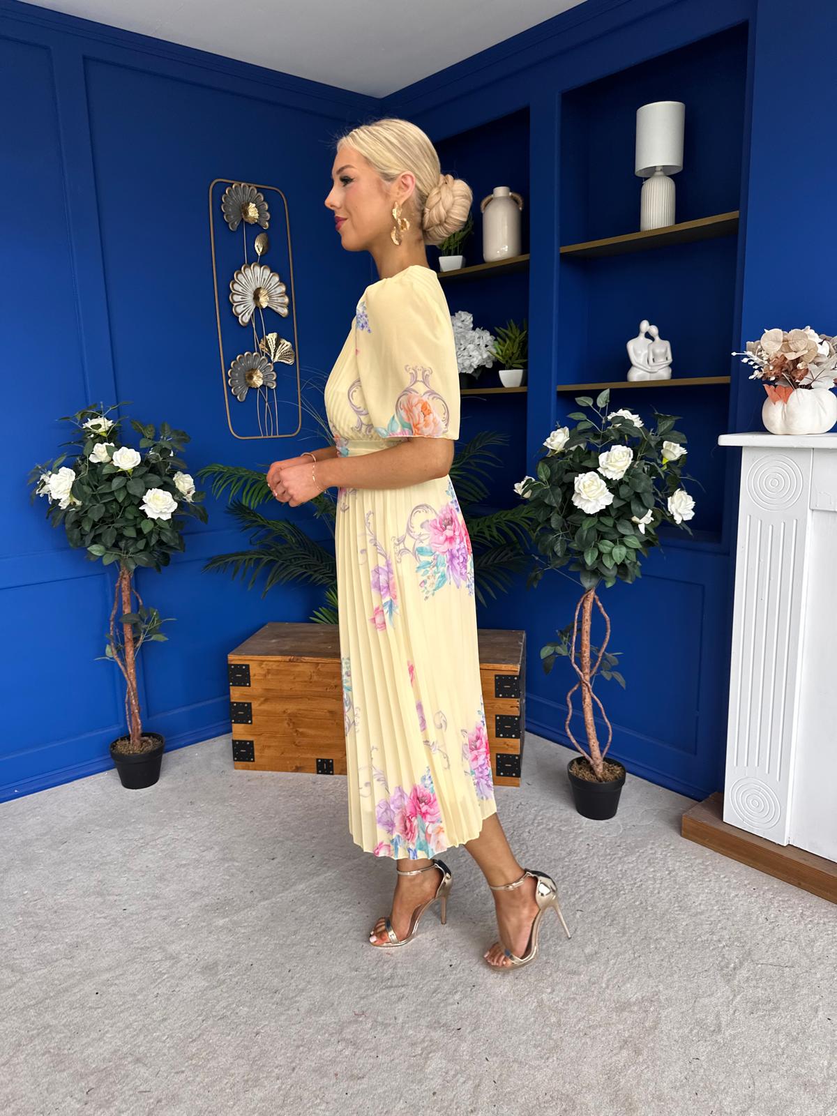 Eina Pleated Midi Dress Floral Yellow