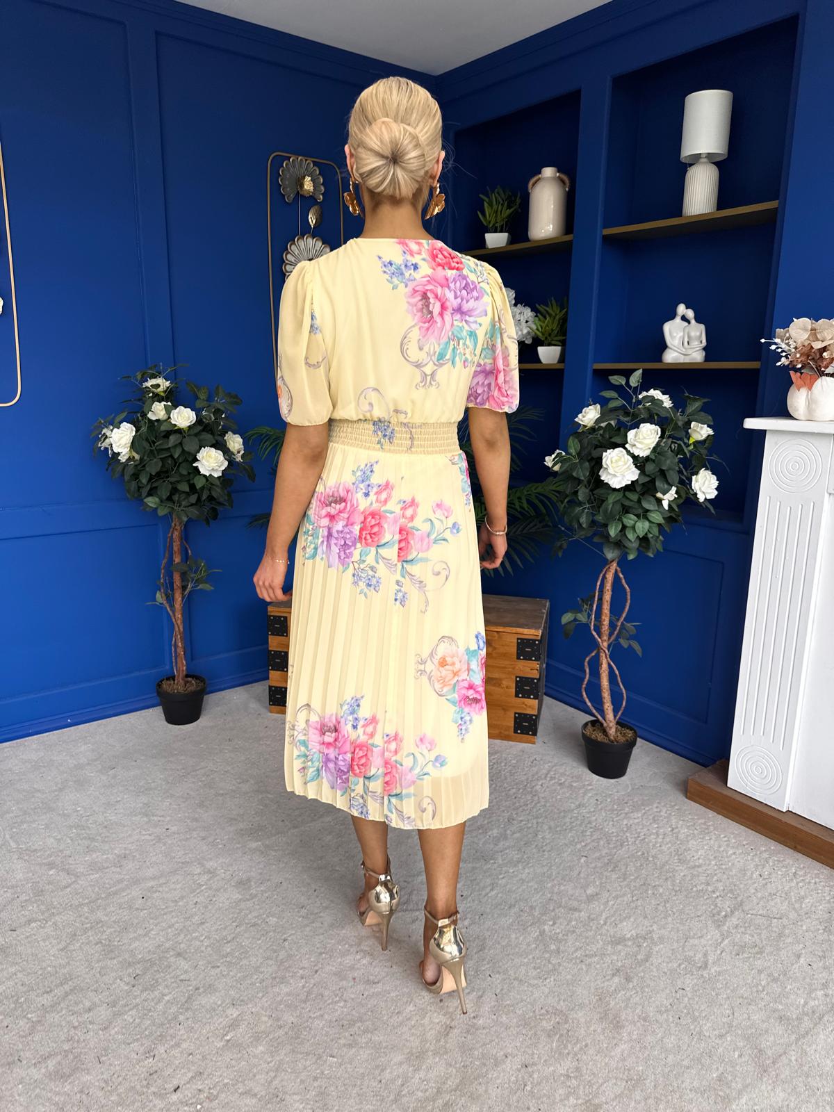 Eina Pleated Midi Dress Floral Yellow