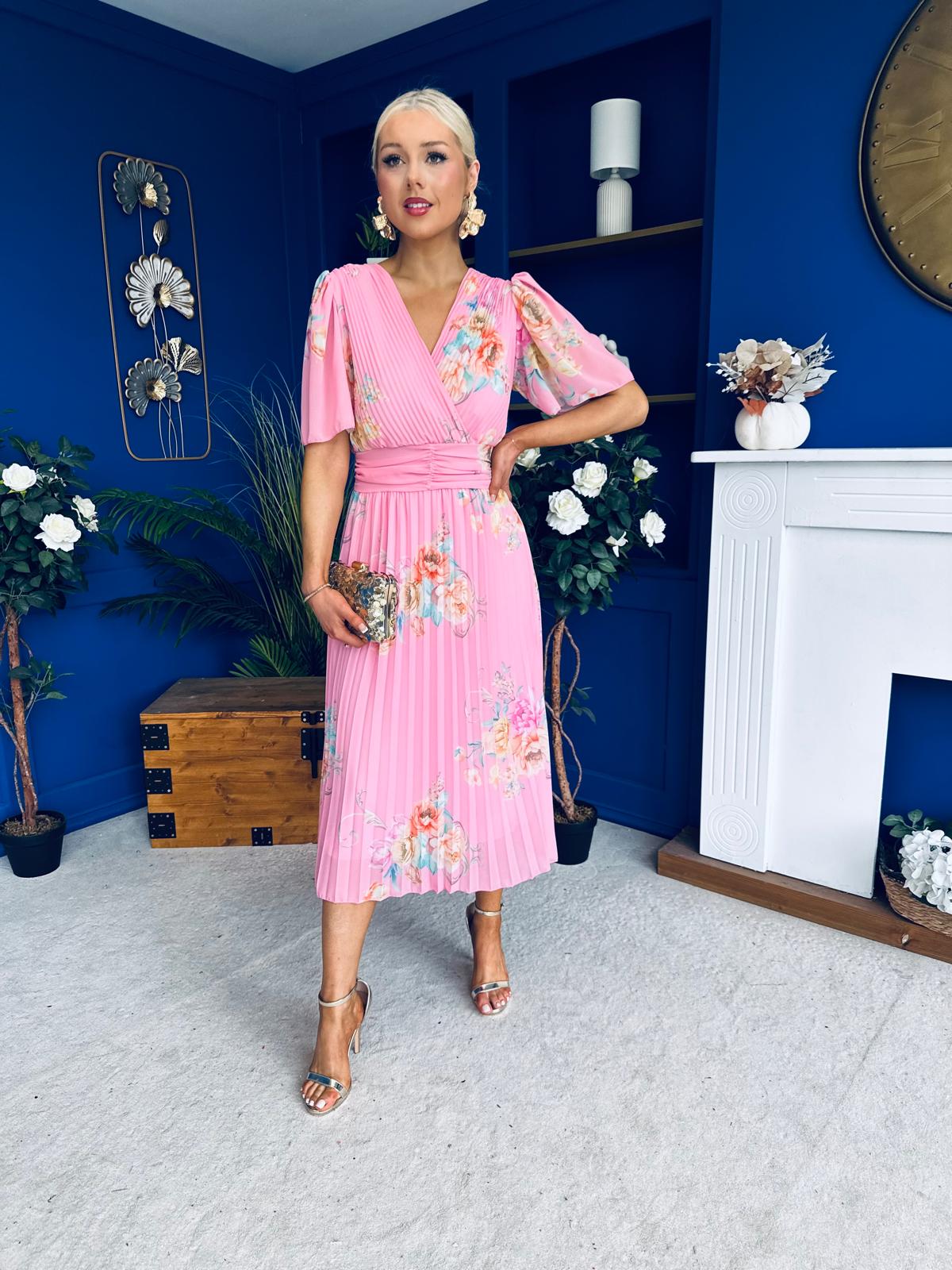 Eina Pleated Midi Dress Floral Pink