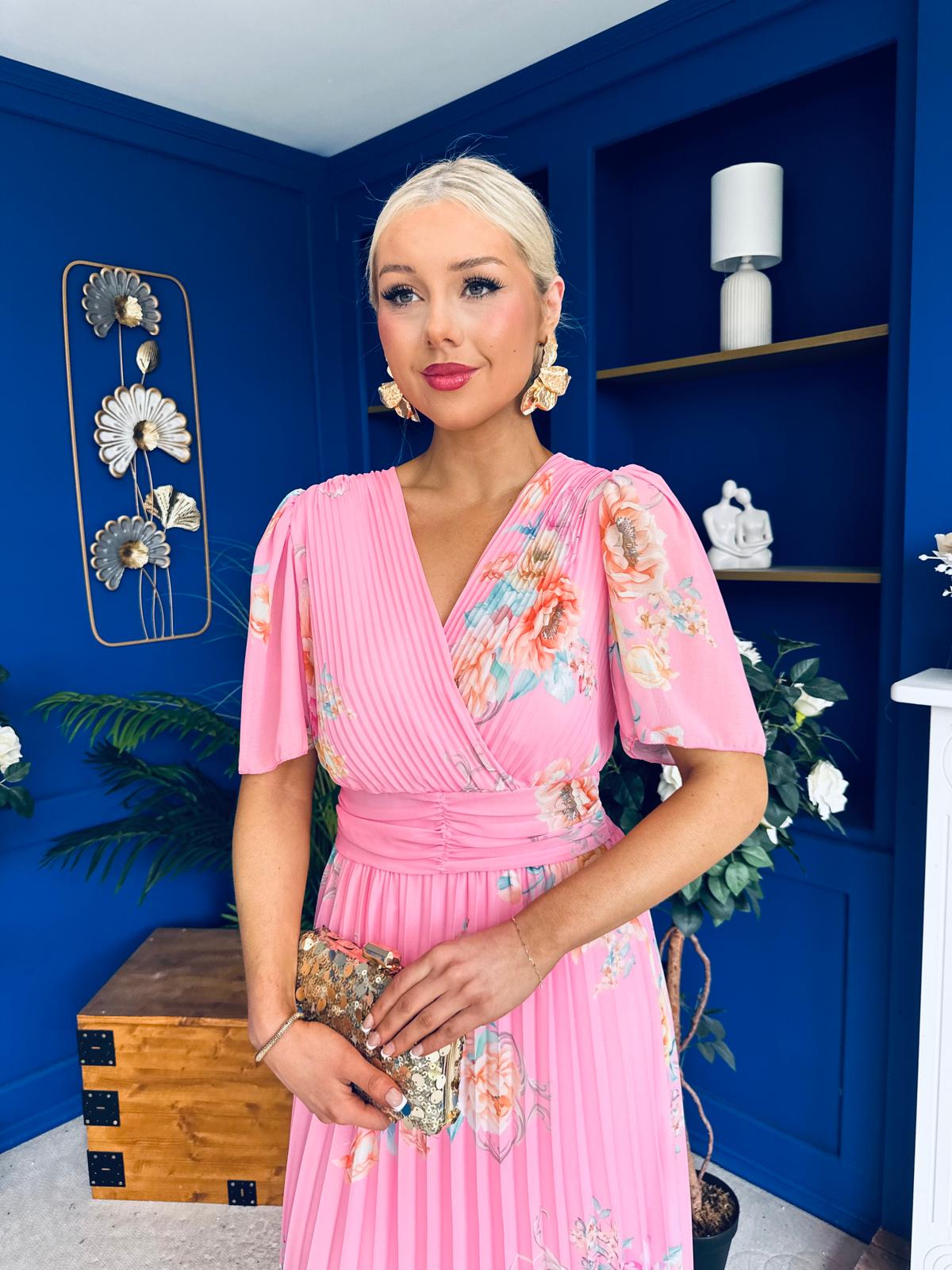 Eina Pleated Midi Dress Floral Pink