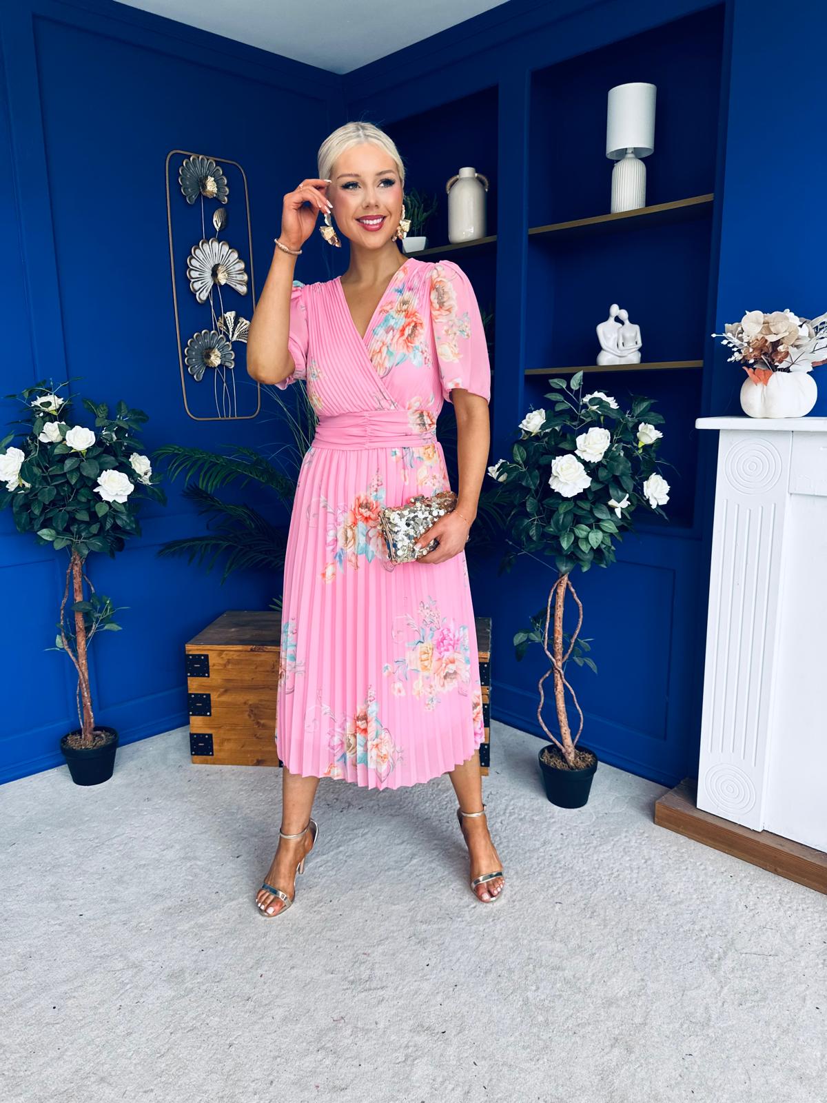 Eina Pleated Midi Dress Floral Pink