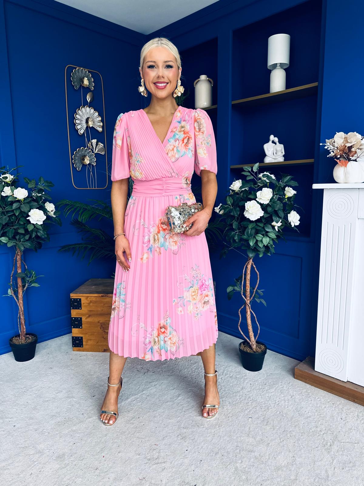 Eina Pleated Midi Dress Floral Pink
