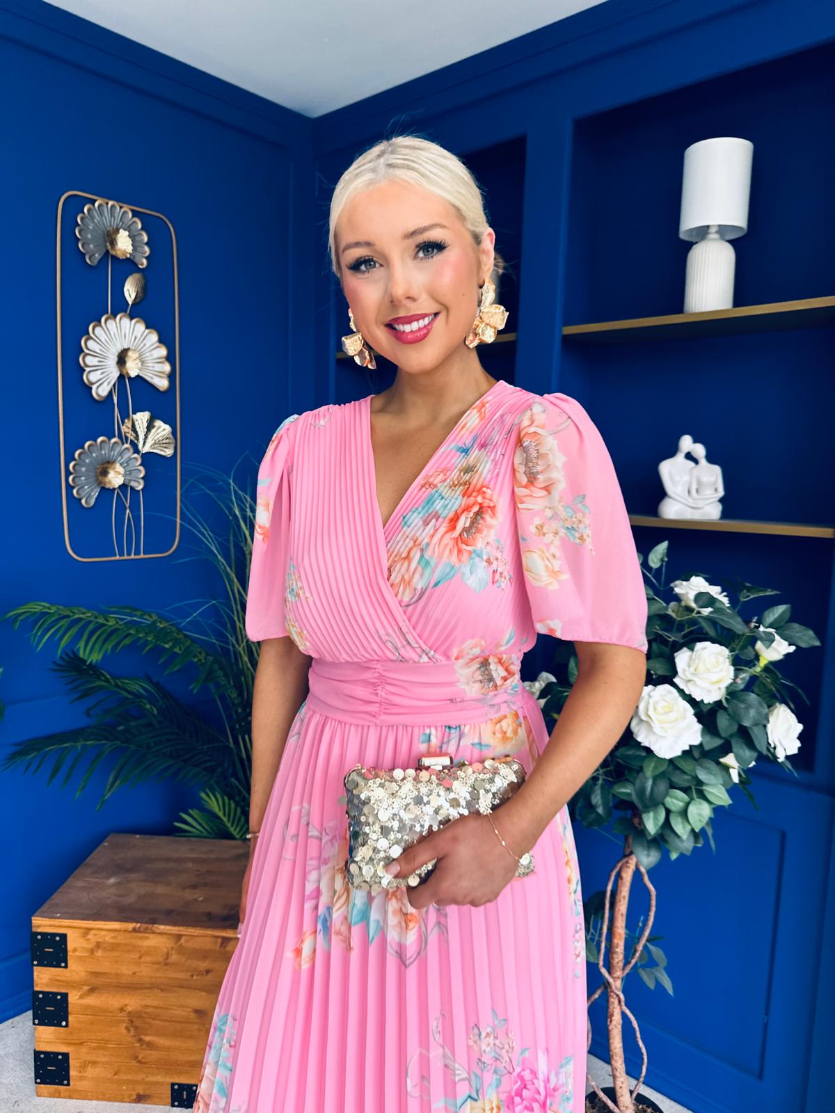 Eina Pleated Midi Dress Floral Pink