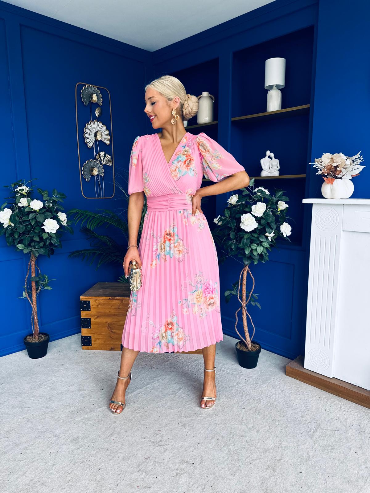 Eina Pleated Midi Dress Floral Pink