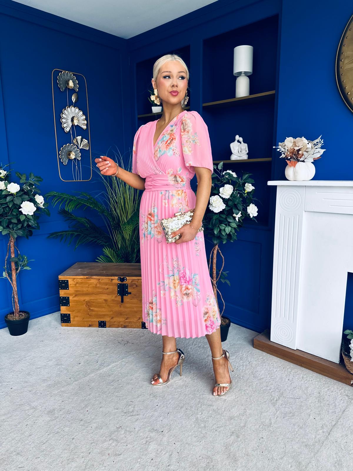 Eina Pleated Midi Dress Floral Pink