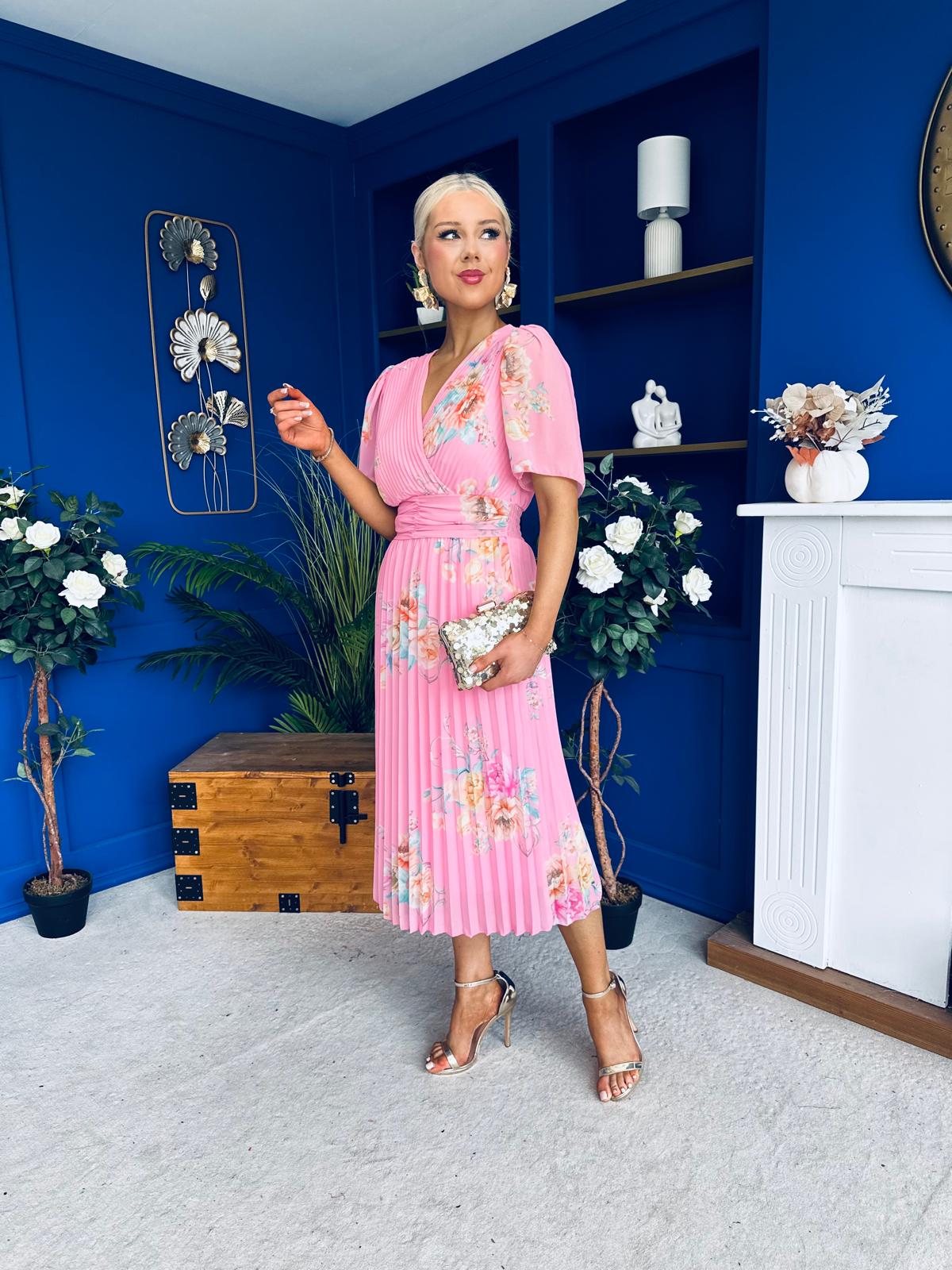 Eina Pleated Midi Dress Floral Pink