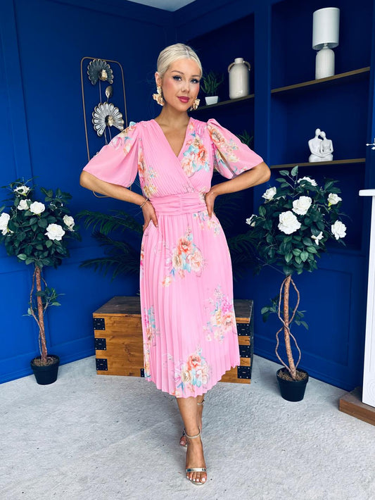 Eina Pleated Midi Dress Floral Pink