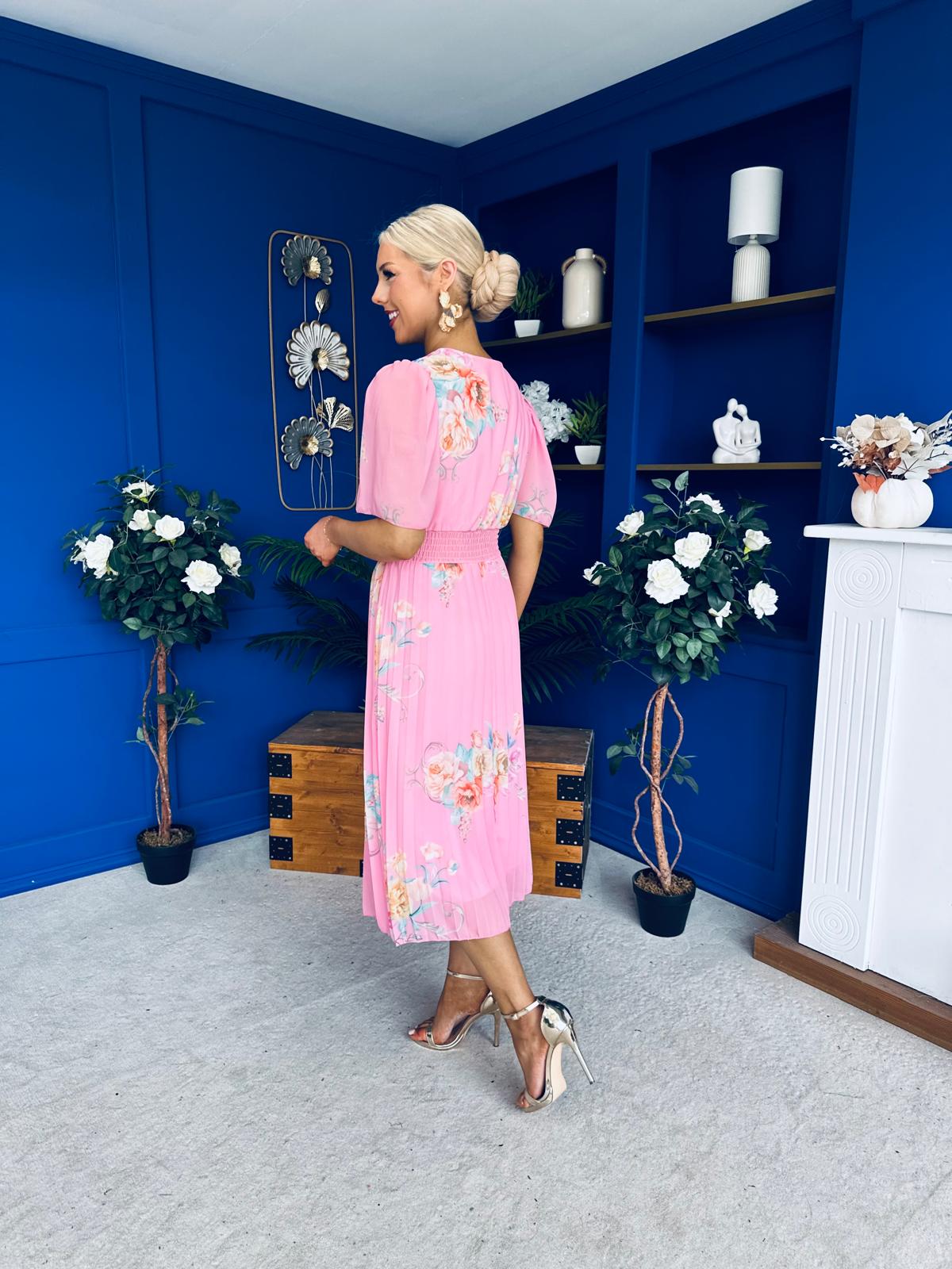 Eina Pleated Midi Dress Floral Pink