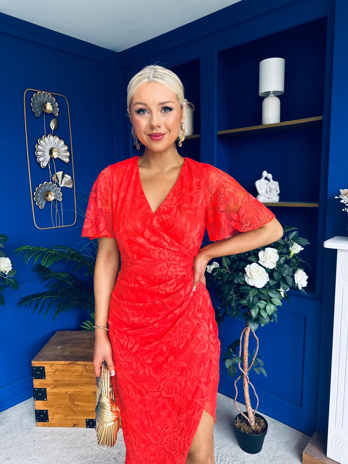 Natasha Lace Angel Sleeve Midi Dress Coral