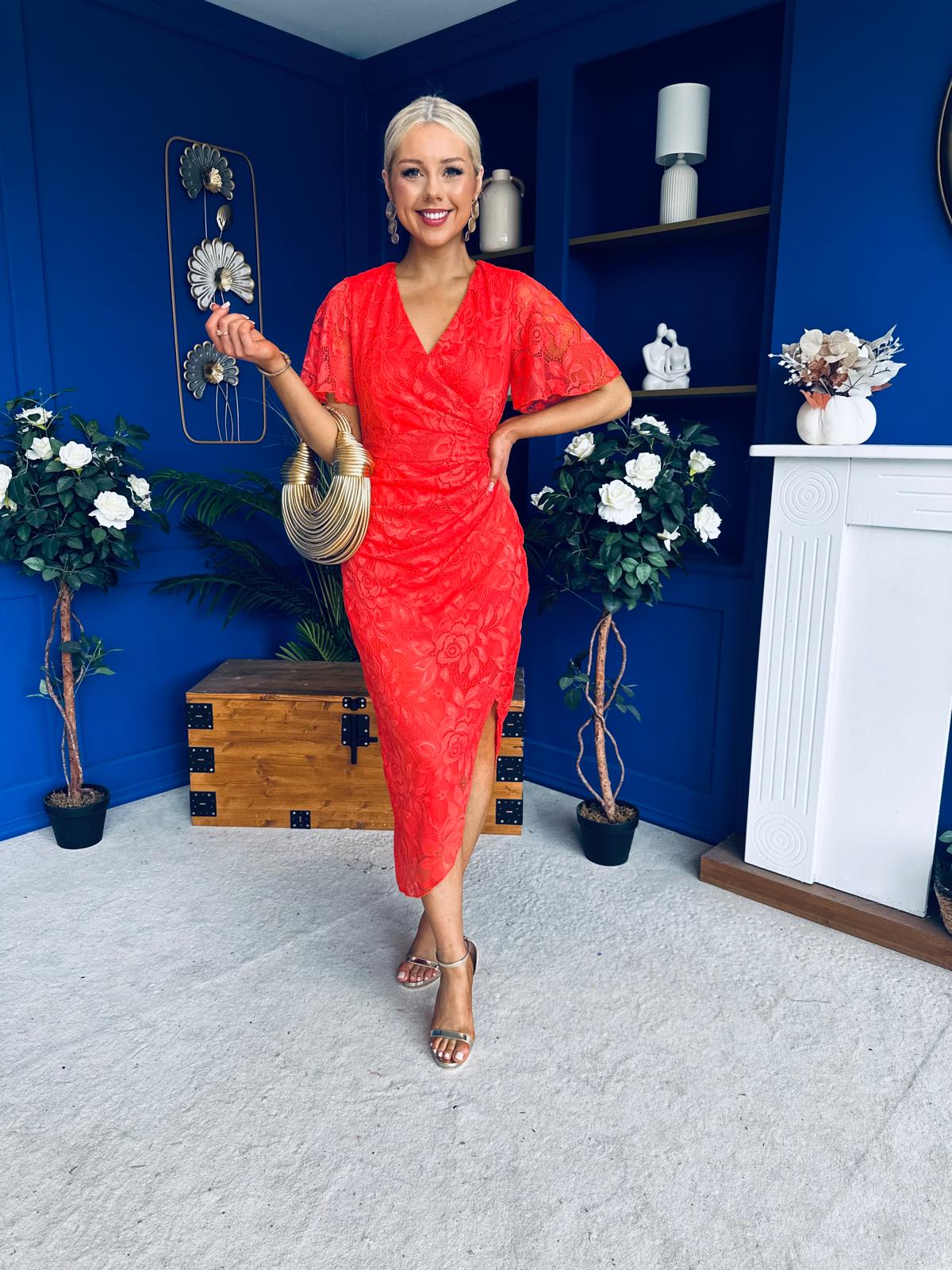 Natasha Lace Angel Sleeve Midi Dress Coral