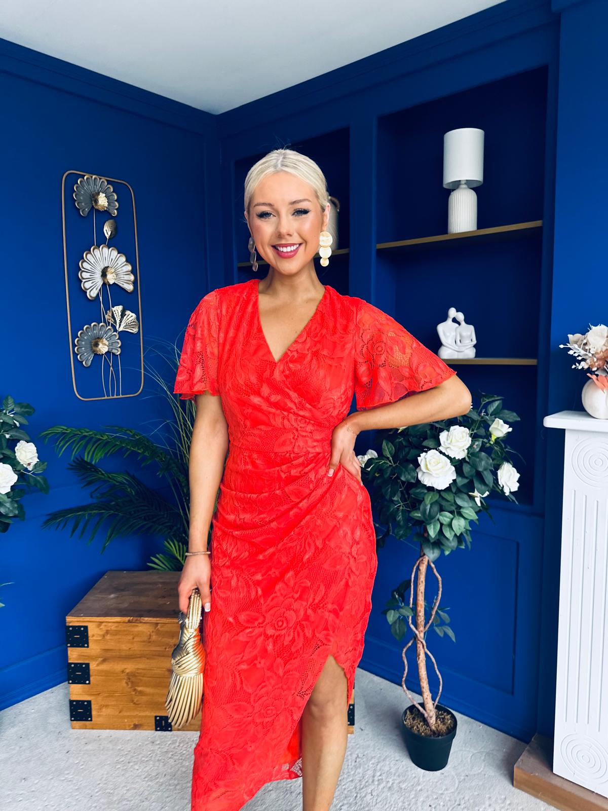 Natasha Lace Angel Sleeve Midi Dress Coral