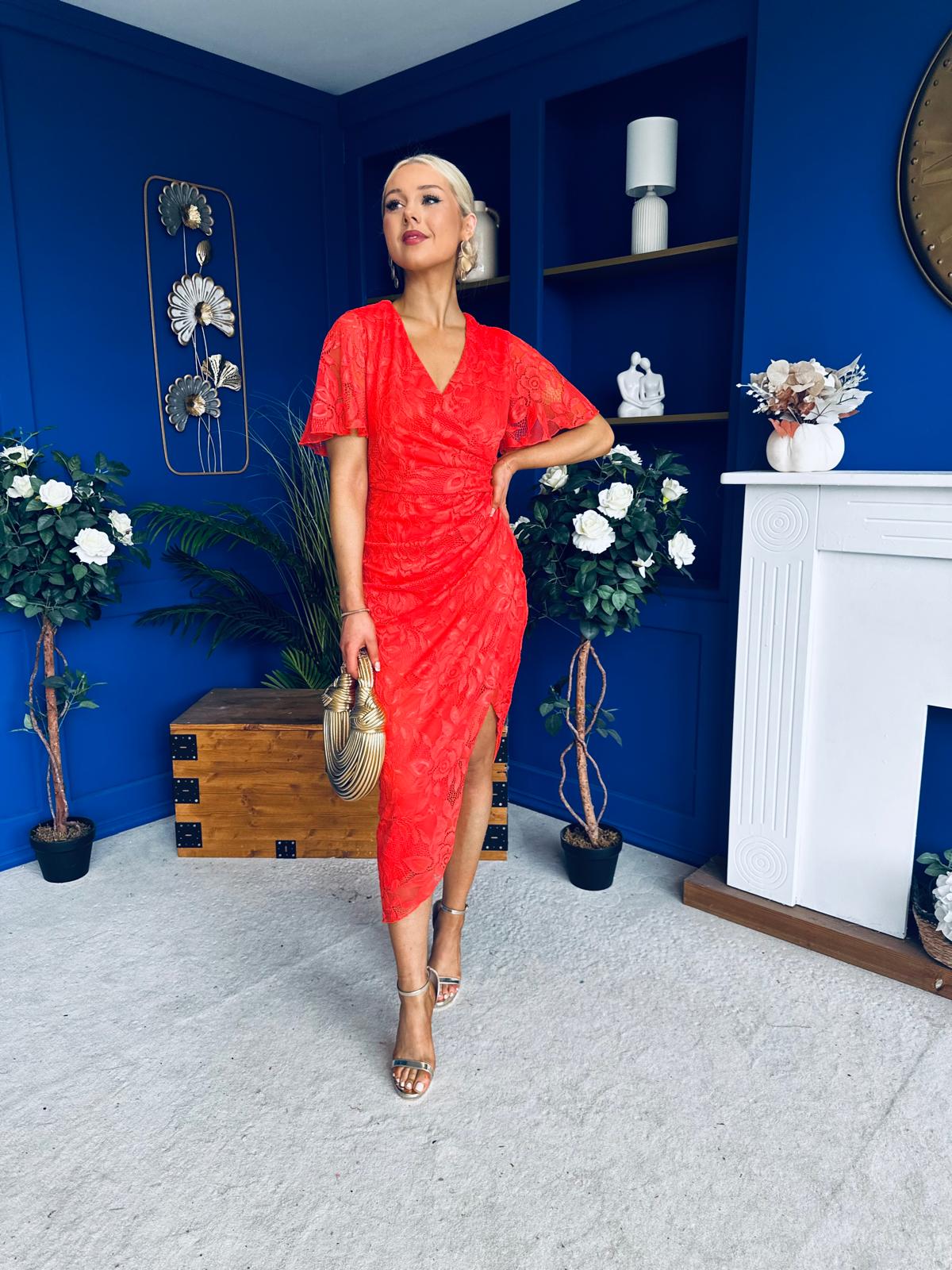 Natasha Lace Angel Sleeve Midi Dress Coral