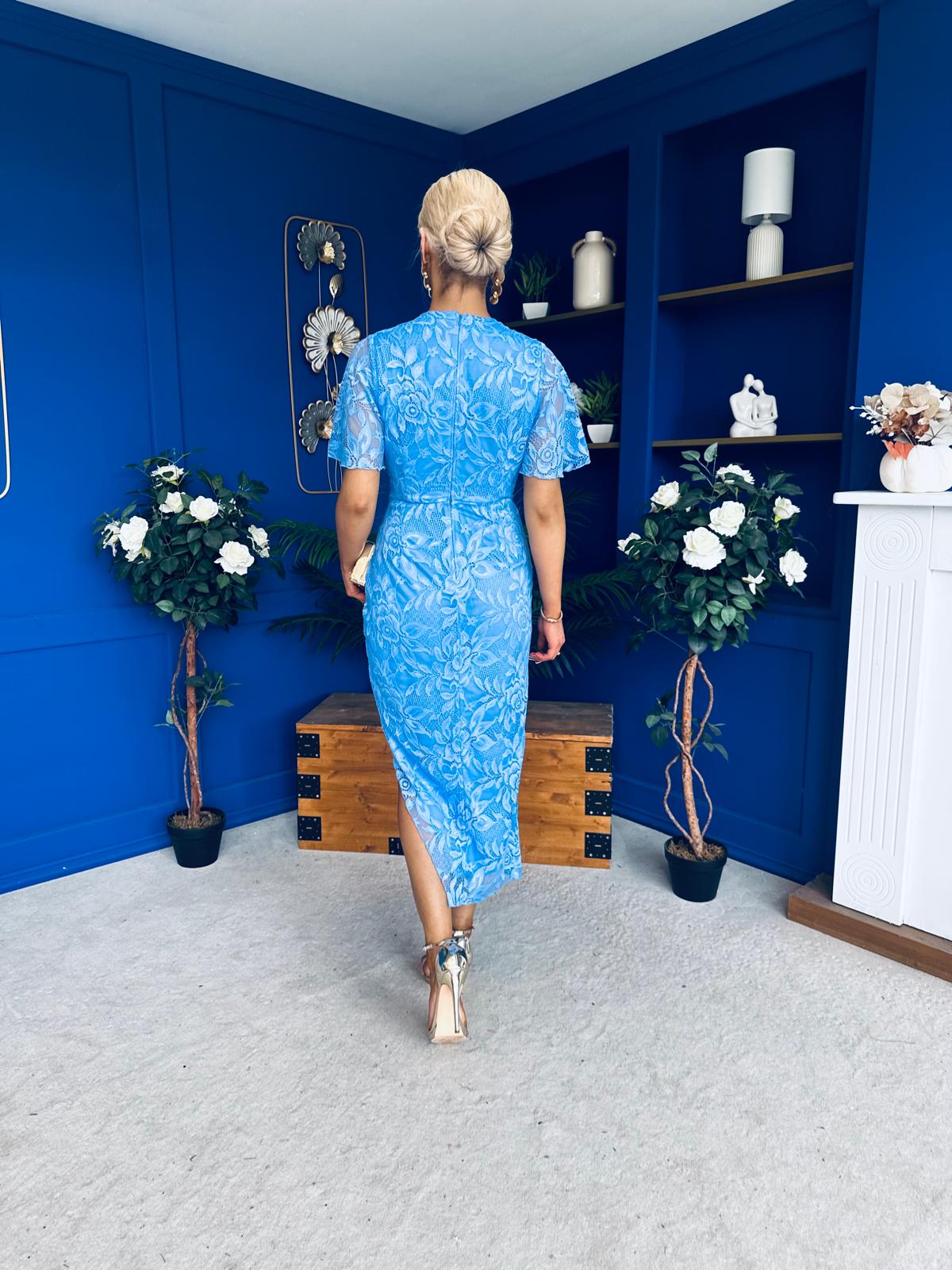 Natasha Lace Angel Sleeve Midi Dress Blue