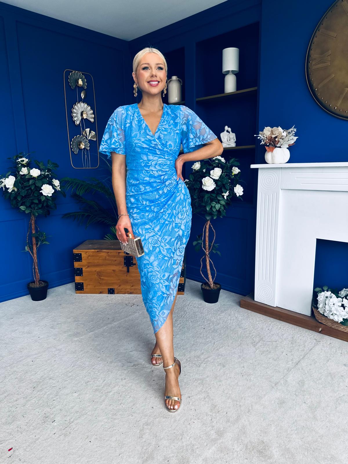 Natasha Lace Angel Sleeve Midi Dress Blue