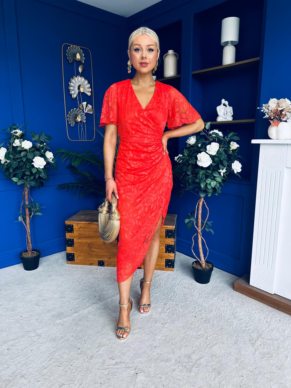 Natasha Lace Angel Sleeve Midi Dress Coral