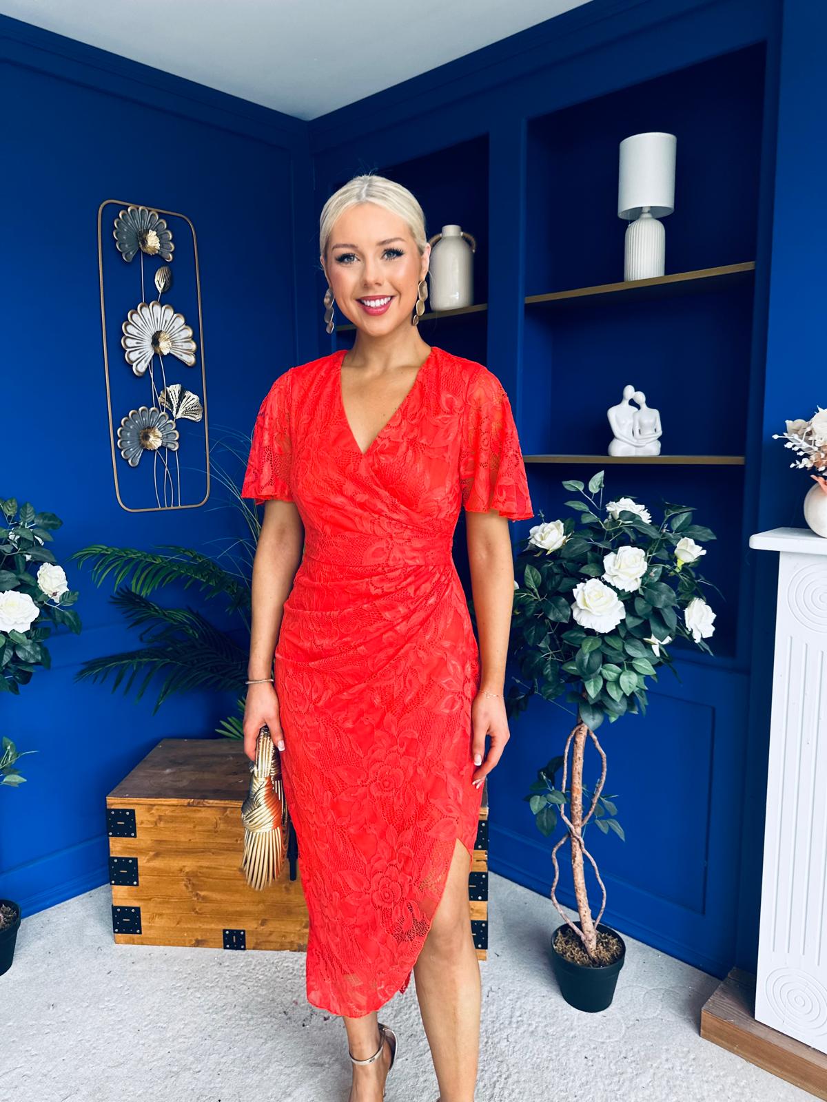Natasha Lace Angel Sleeve Midi Dress Coral