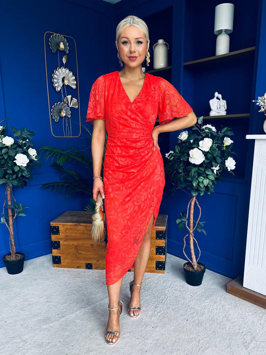 Natasha Lace Angel Sleeve Midi Dress Coral